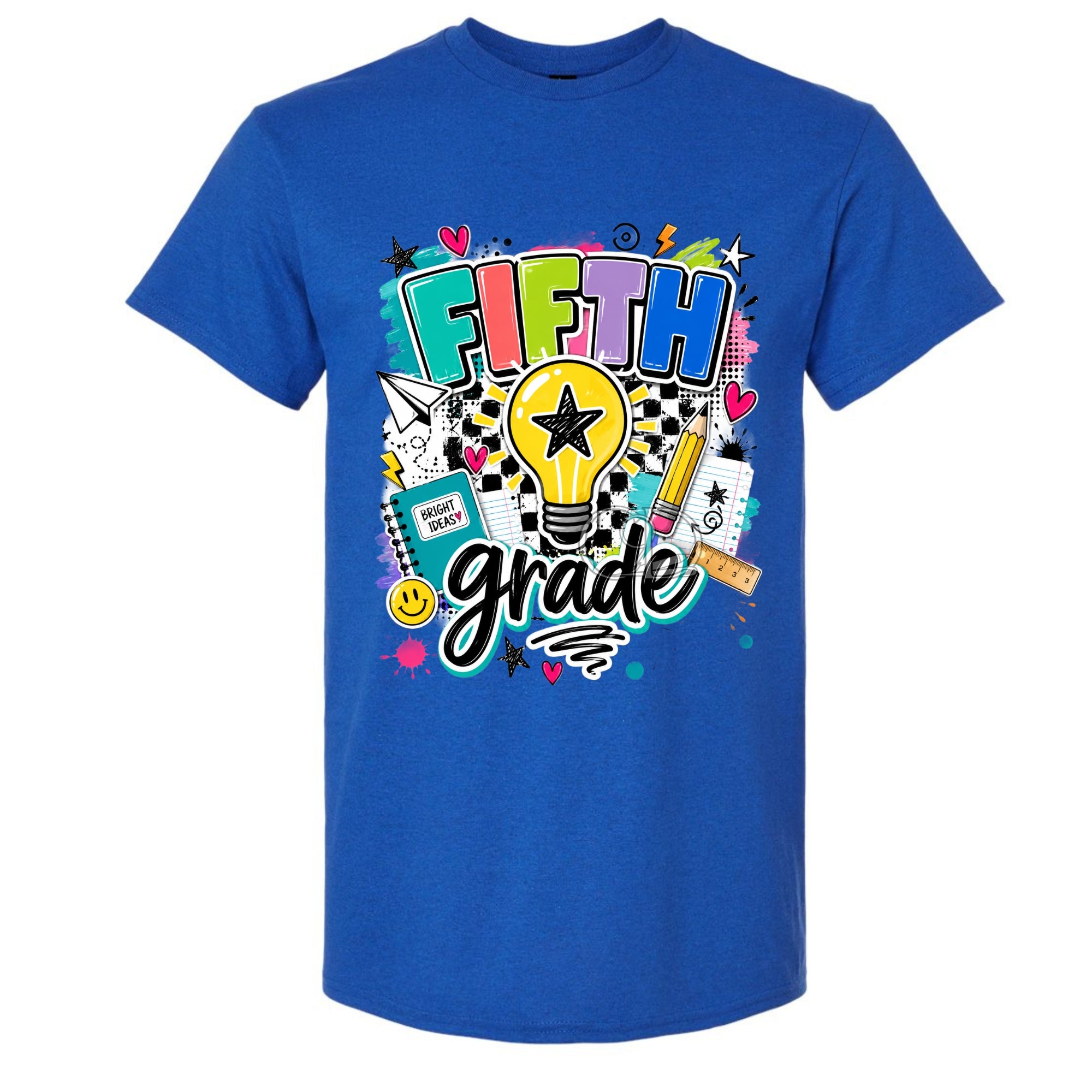 A royal blue short-sleeve crewneck t-shirt featuring a colorful 'FIFTH grade' graphic on the front, complete with a lightbulb, pencil, notebook, and stars.
