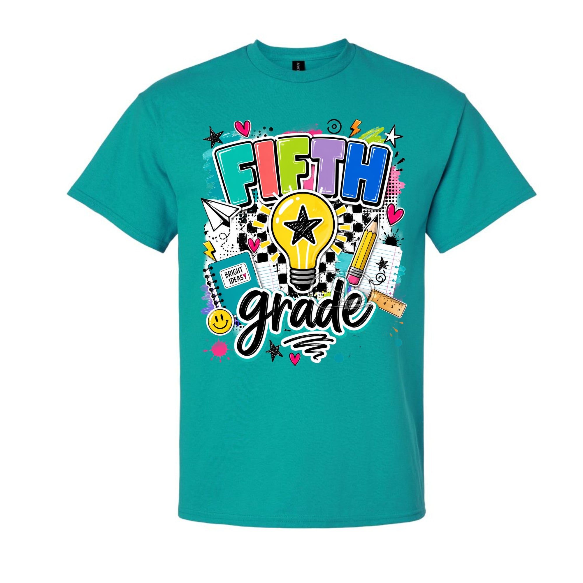 A teal short-sleeve crewneck t-shirt featuring a colorful 'FIFTH grade' graphic on the front, complete with a lightbulb, star, pencil, and school icons, shown against a plain white background.