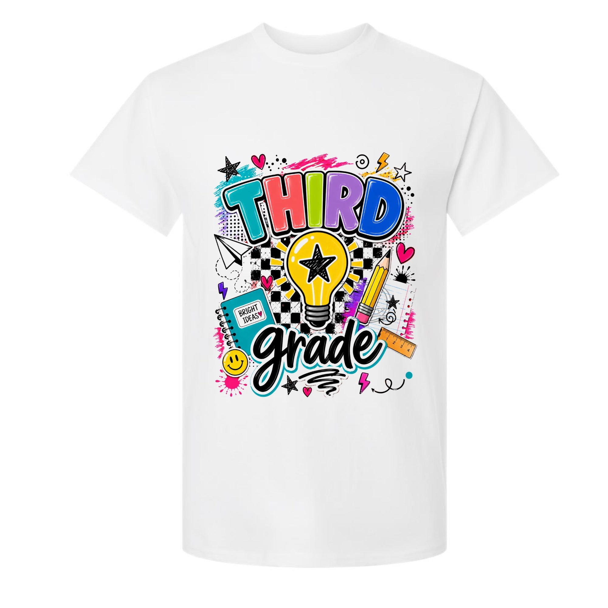 A white short-sleeve crewneck t-shirt featuring a colorful 'Third Grade' graphic on the front, complete with a lightbulb, stars, hearts, and school supplies.
