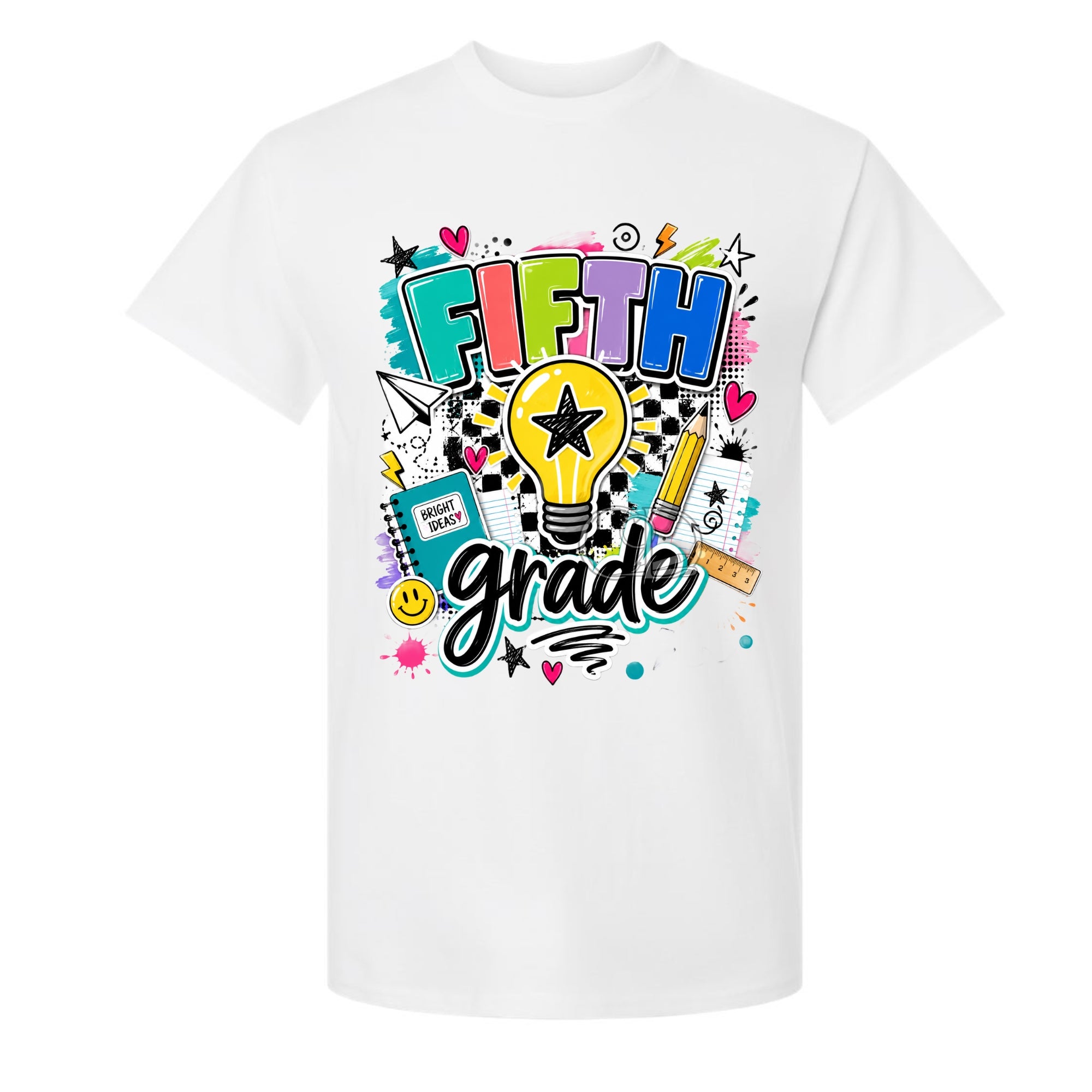 A white short-sleeve crewneck t-shirt featuring a colorful graphic print on the front with the words 'FIFTH grade' in playful multicolor lettering, surrounded by school-themed doodles like a lightbulb, pencil, notebook, and stars.