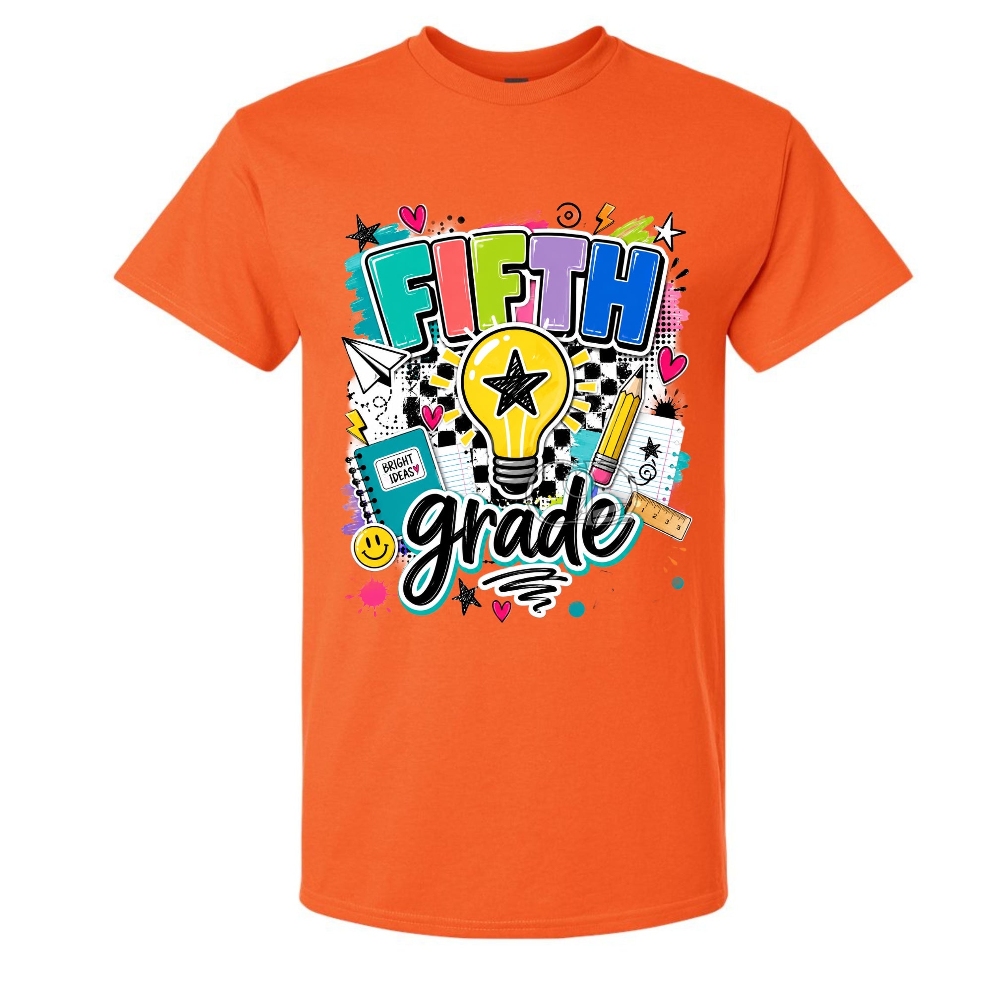 An orange short-sleeve crewneck t-shirt featuring a colorful 'Fifth Grade' graphic on the front, displayed against a solid white background.