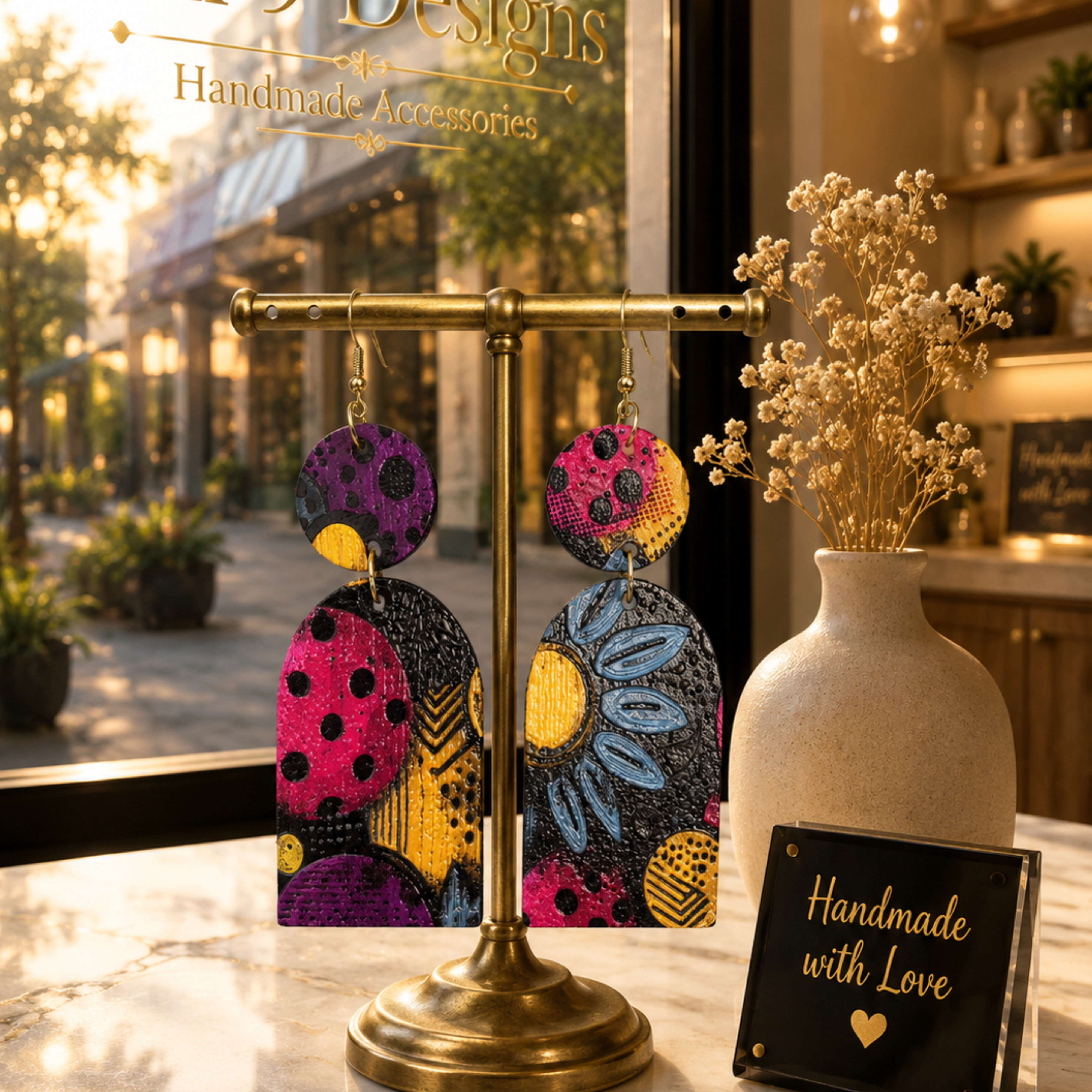 Boutique Display.jpg
Blue Floral Wood Dangle Earrings displayed on a brass stand in a luxury boutique.
