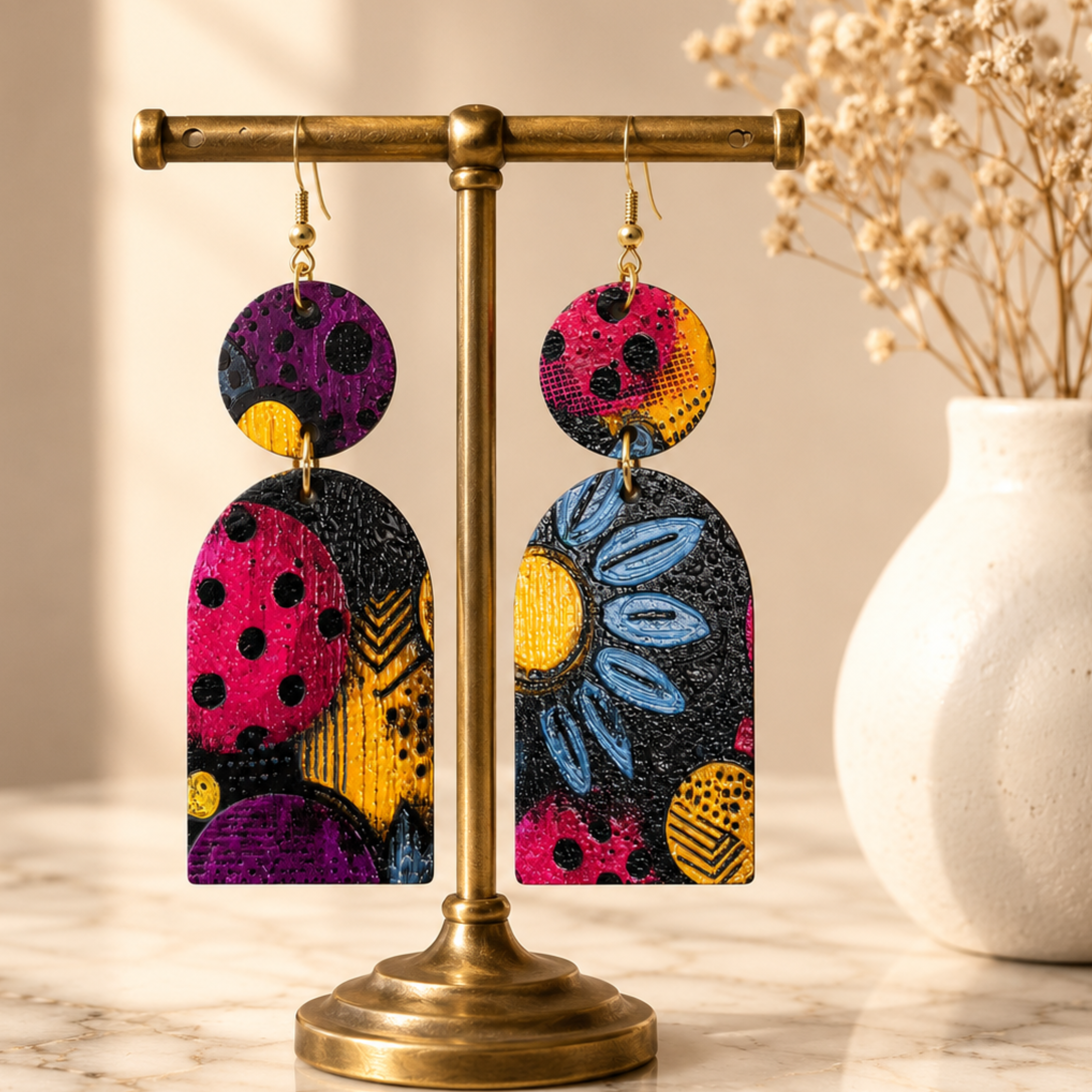 Blue Floral Wood Dangle Earrings displayed on an elegant brushed brass jewelry stand.