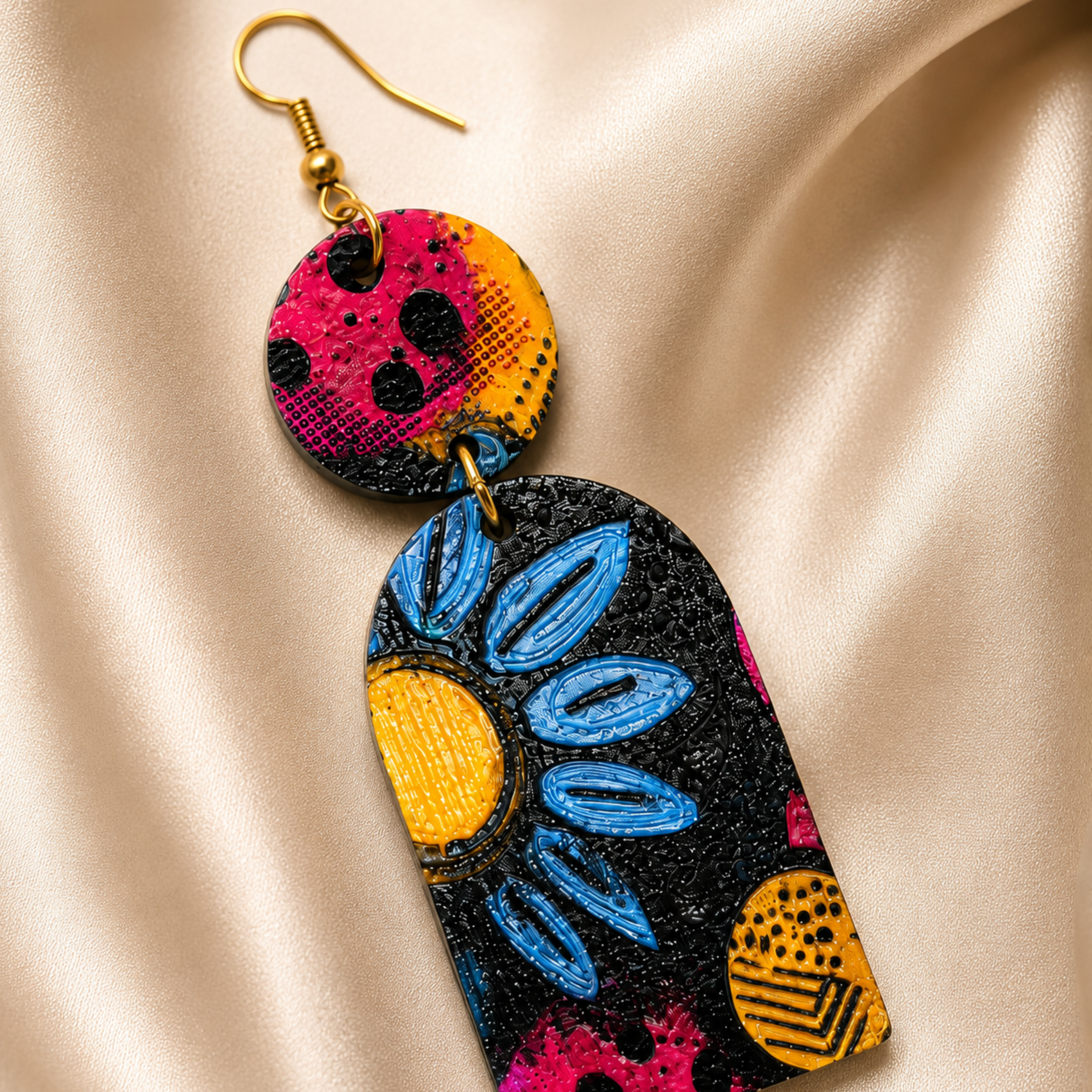 
Close up of Blue Floral Wood Dangle Earrings highlighting the wood texture, UV printed artwork, metallic gold accents, and glossy finish.
