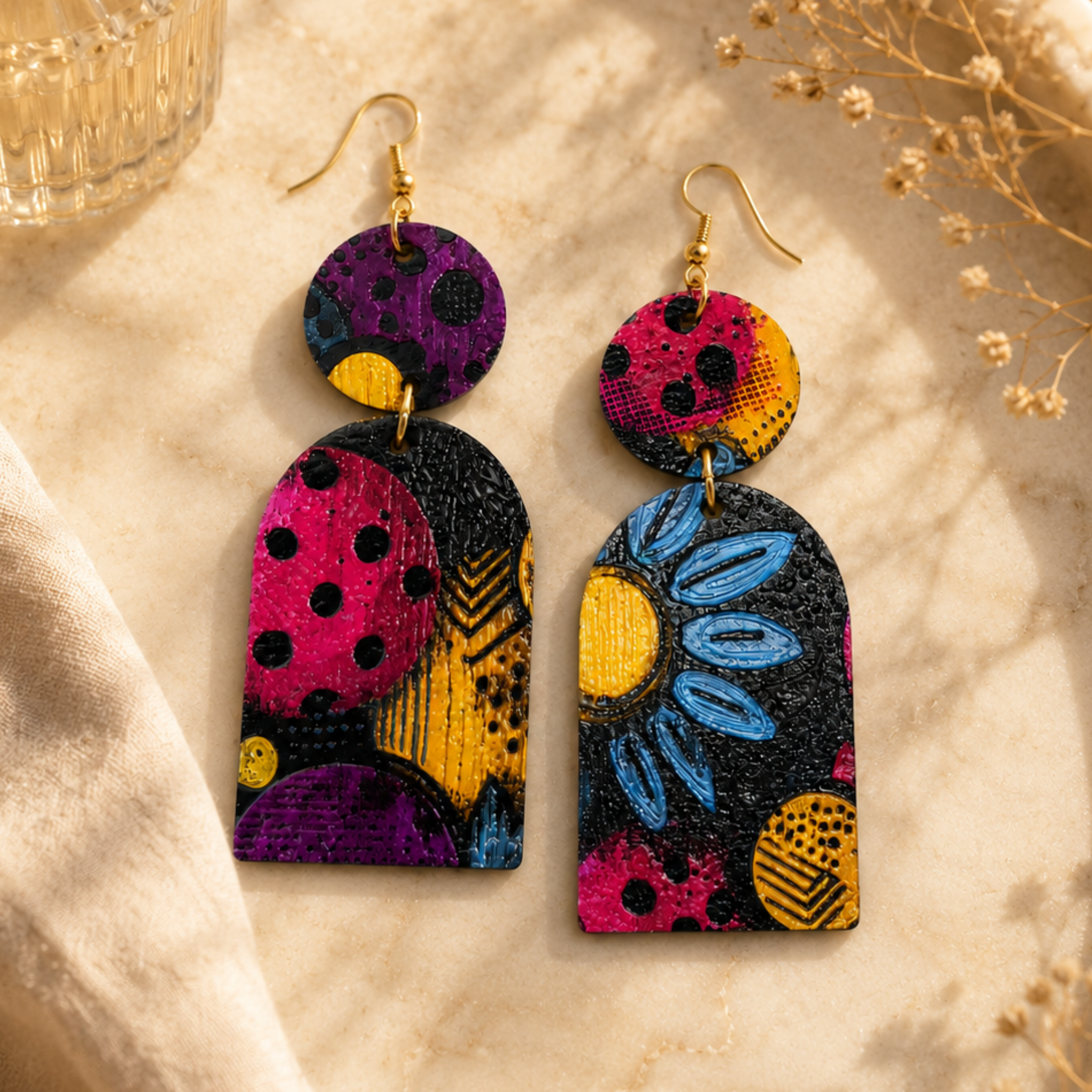 Blue Floral Wood Dangle Earrings styled on a marble tray with luxury accessories.