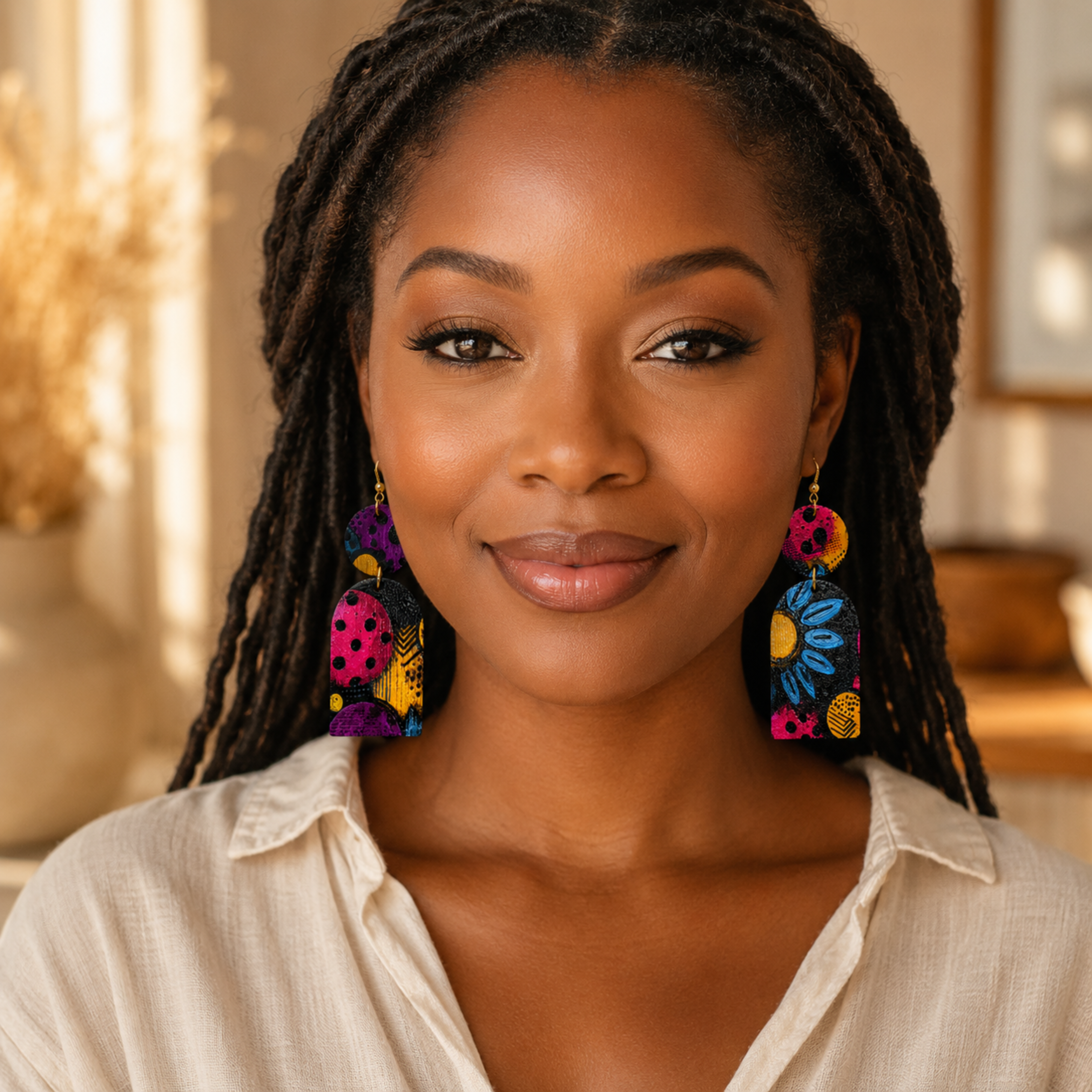 Beautiful woman wearing Blue Floral Wood Dangle Earrings by Chi 9 Designs.