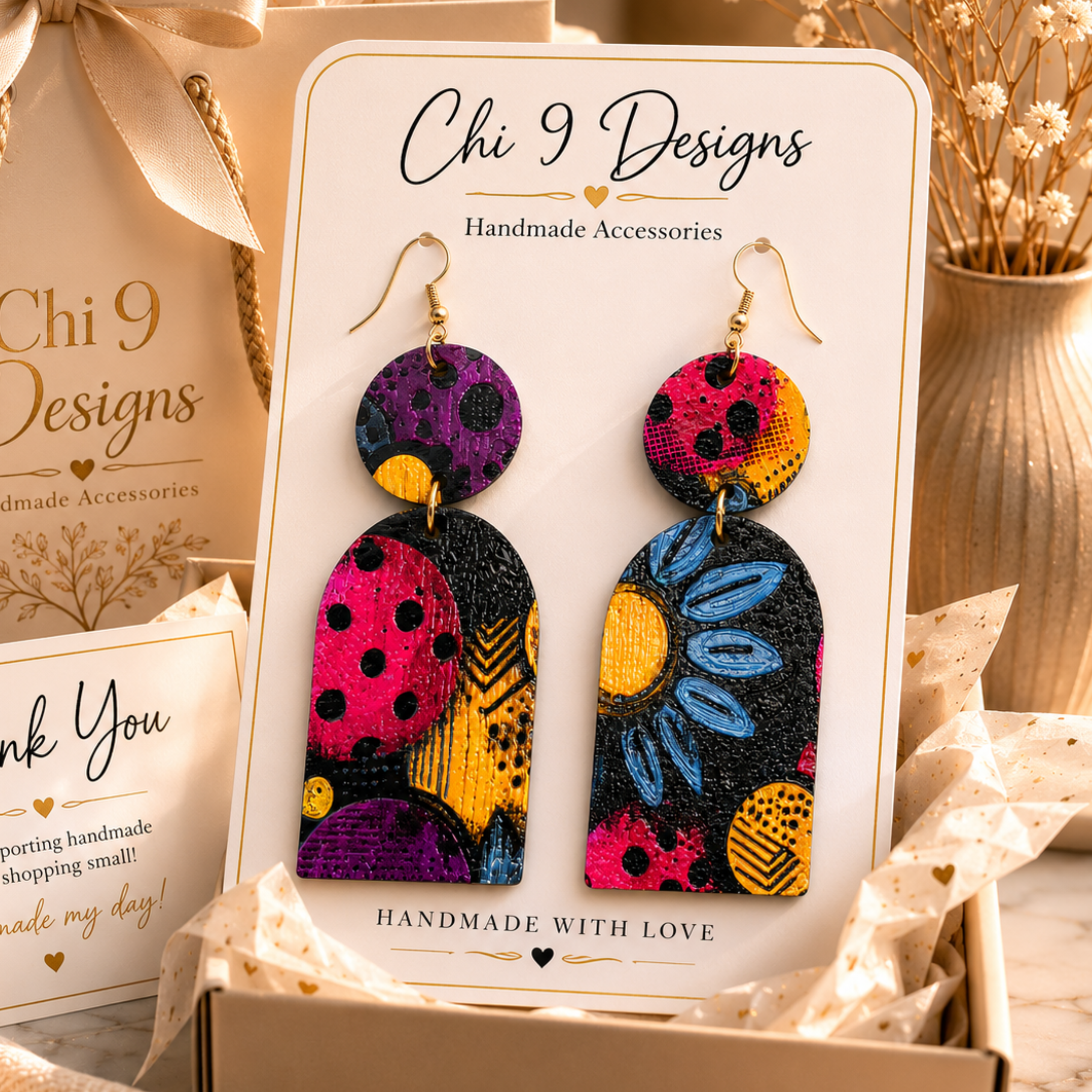 Blue Floral Wood Dangle Earrings displayed on a Chi 9 Designs jewelry card with luxury gift packaging.
