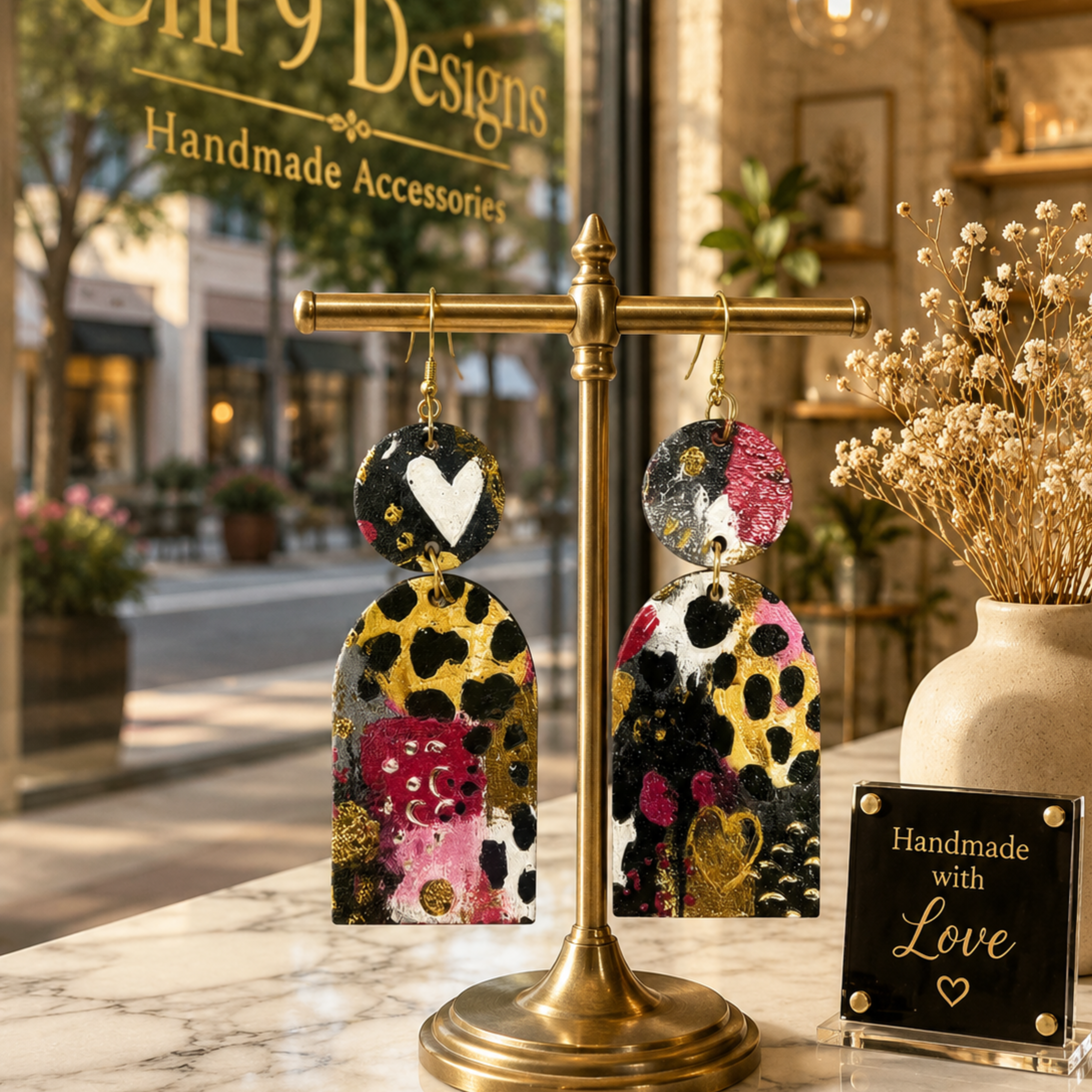 Handmade wood statement earrings displayed in a boutique storefront on a brass jewelry stand.