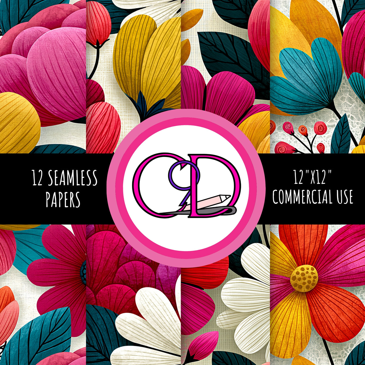 Bold Bloom Digital Paper Pack | 12 Floral Patterns | 12x12 Scrapbook Paper | Pink & Orange Flower Backgrounds | Commercial Use