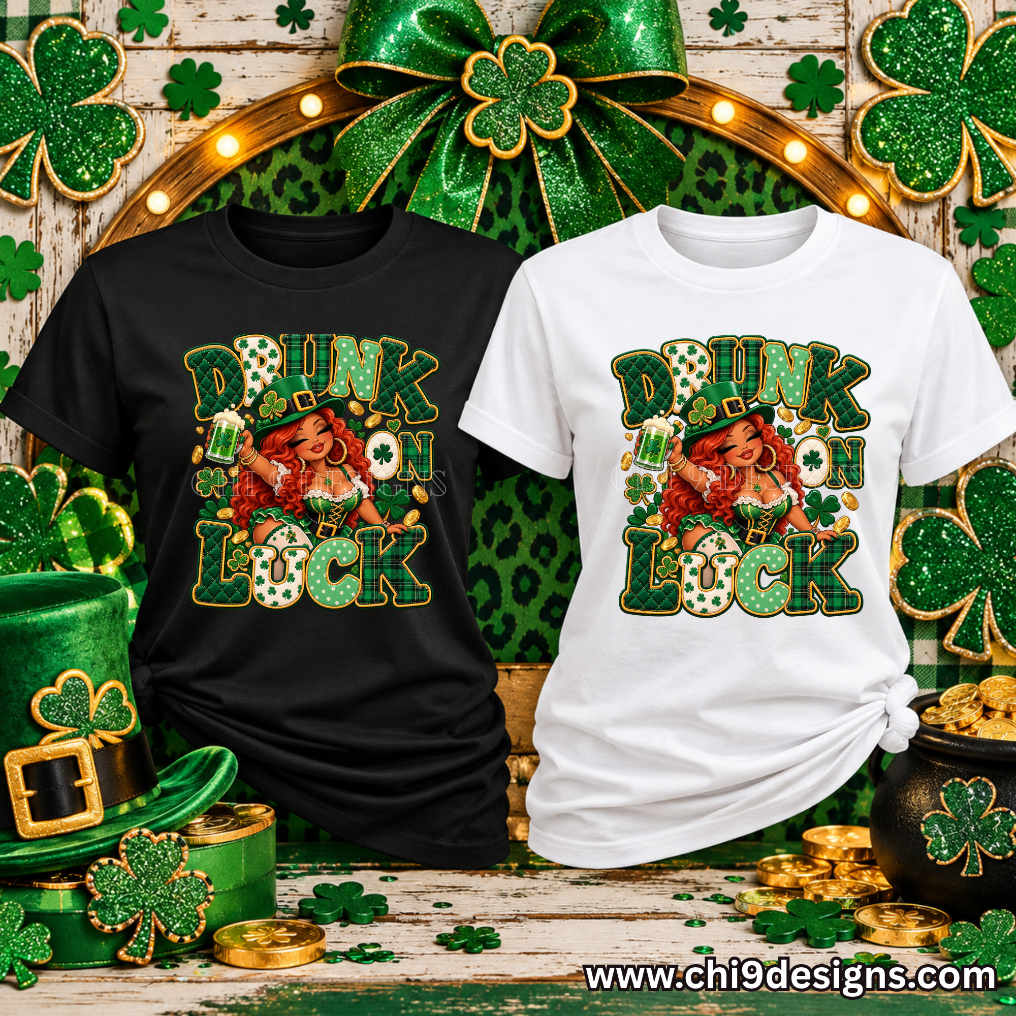 Black and white T-shirt mockups displaying the Drunk on Luck St. Patrick’s Day graphic.