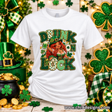 White unisex St. Patrick’s Day T-shirt featuring Chi 9 Designs Drunk on Luck leprechaun graphic.