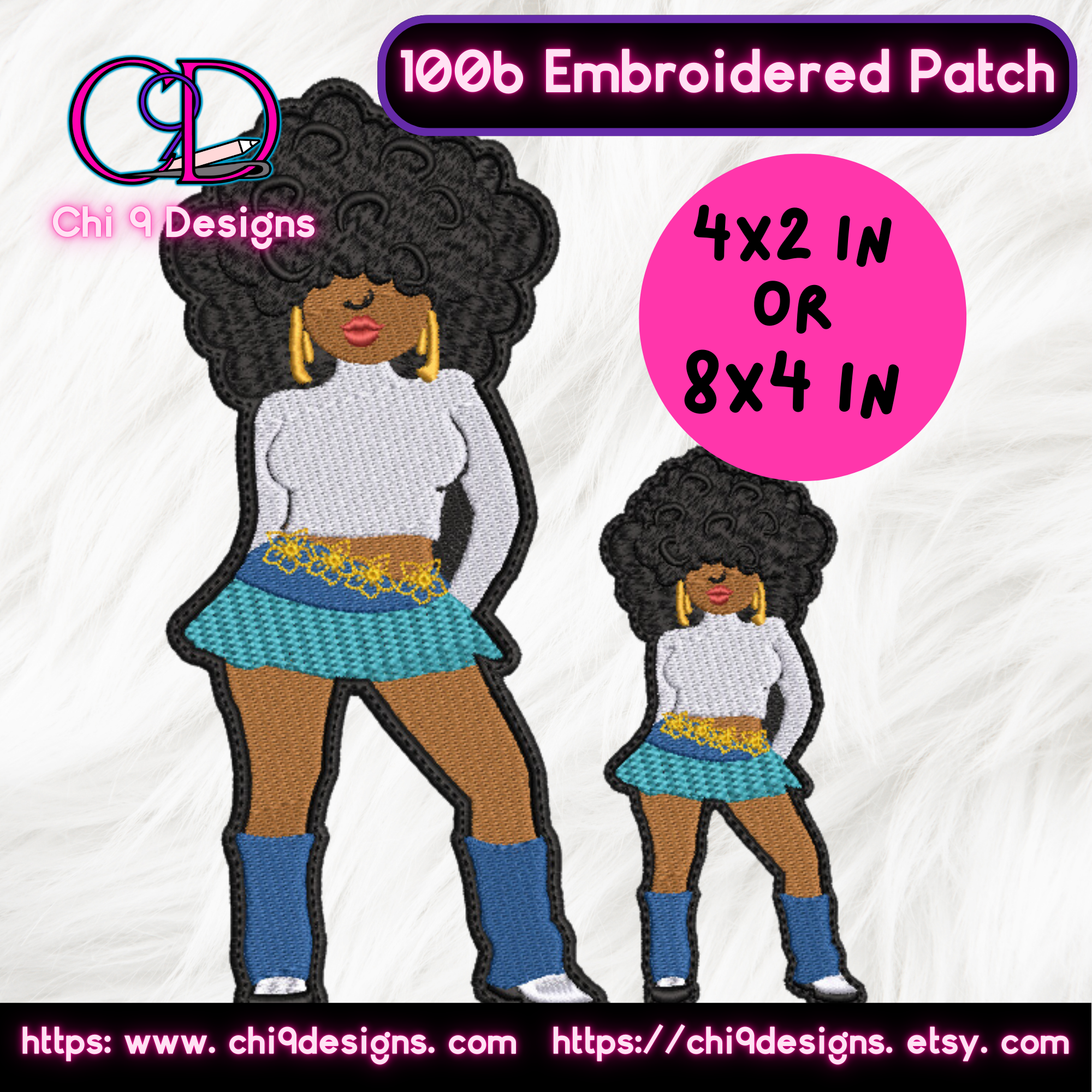 Two embroidered patches featuring a 70s-inspired African American disco diva with a large afro. The patches display the woman in a white top, blue skirt, and blue platform boots. The larger patch measures 8x4 inches, and the smaller one measures 4x2 inches. The text '4x2 IN or 8x4 IN' is highlighted in a pink circle on the right side. The image is set against a white fur background with Chi 9 Designs branding at the top left corner and website links at the bottom