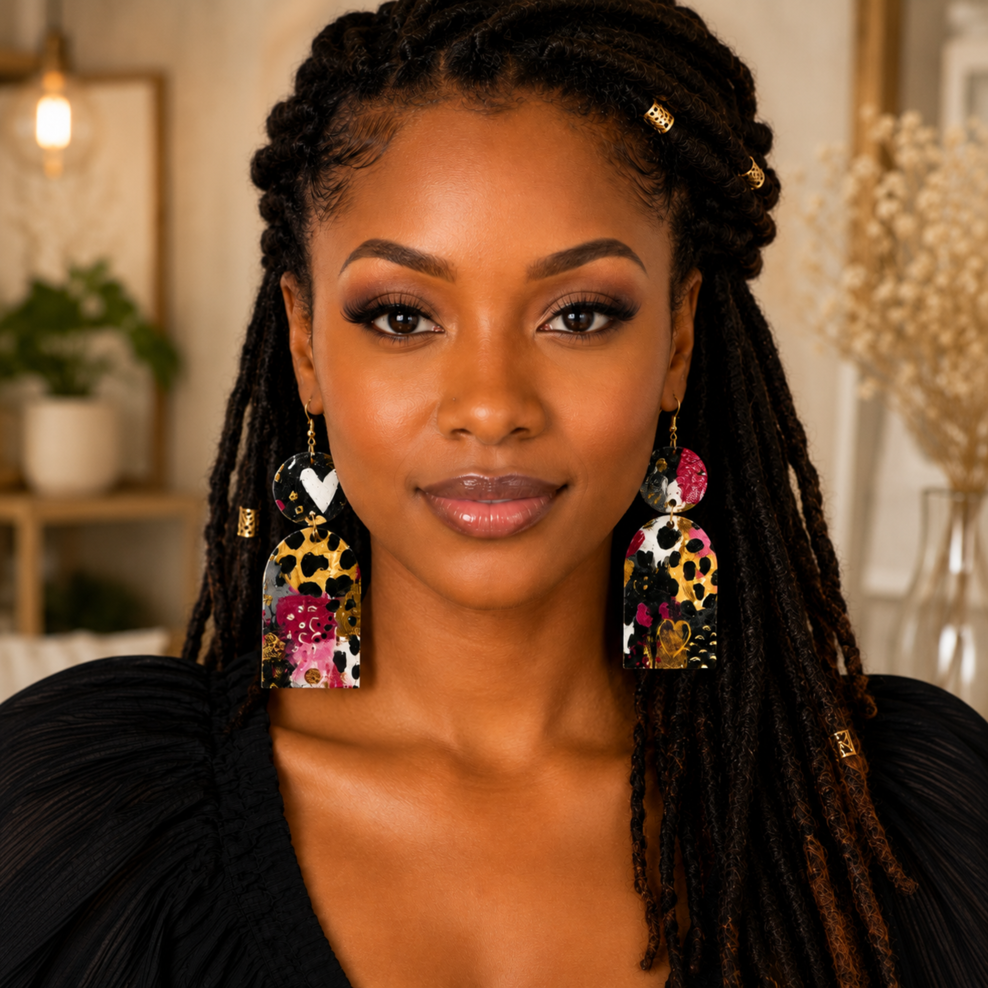 Front-facing model wearing handmade wood statement earrings with colorful abstract artwork.