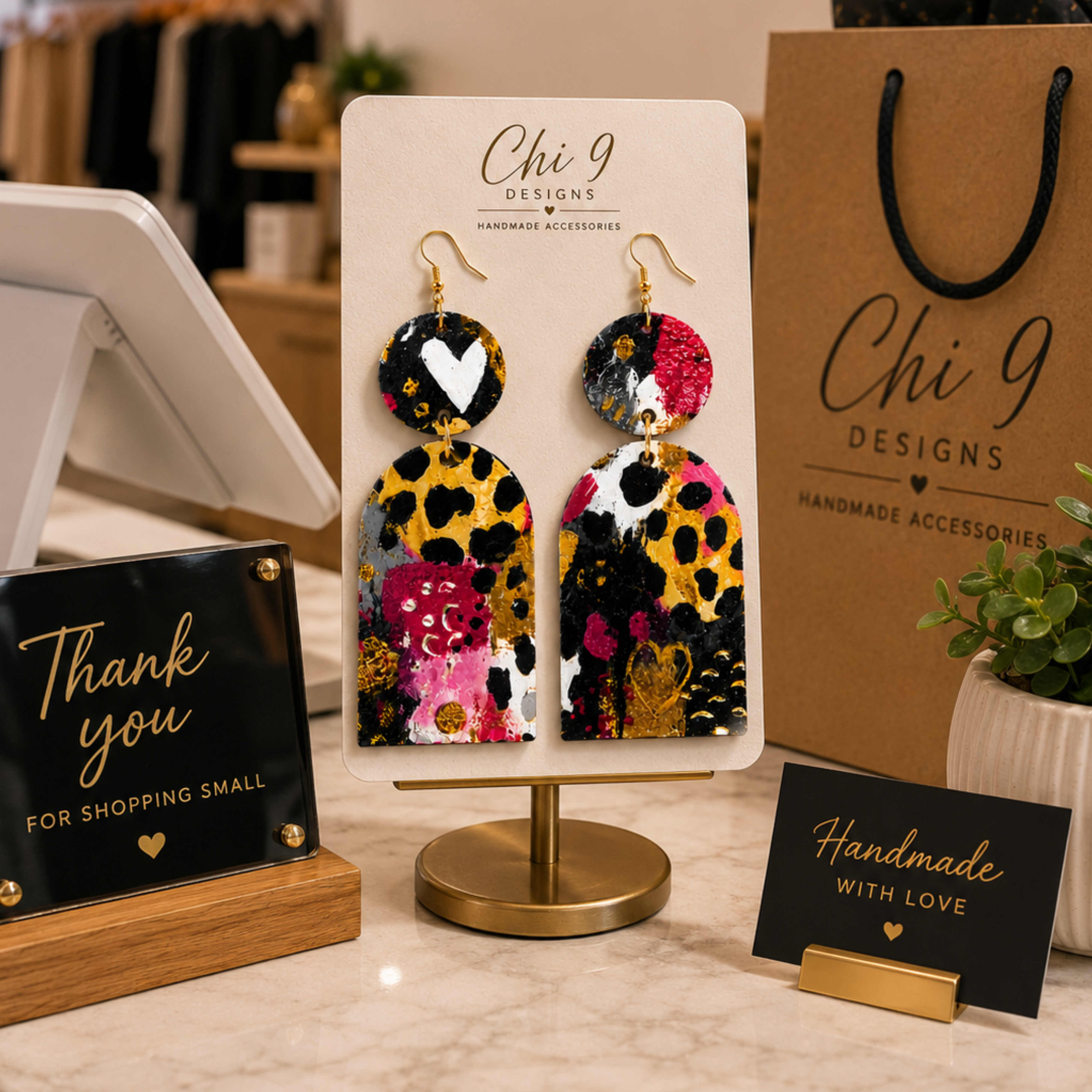 Handmade wood statement earrings presented in luxury gift packaging.