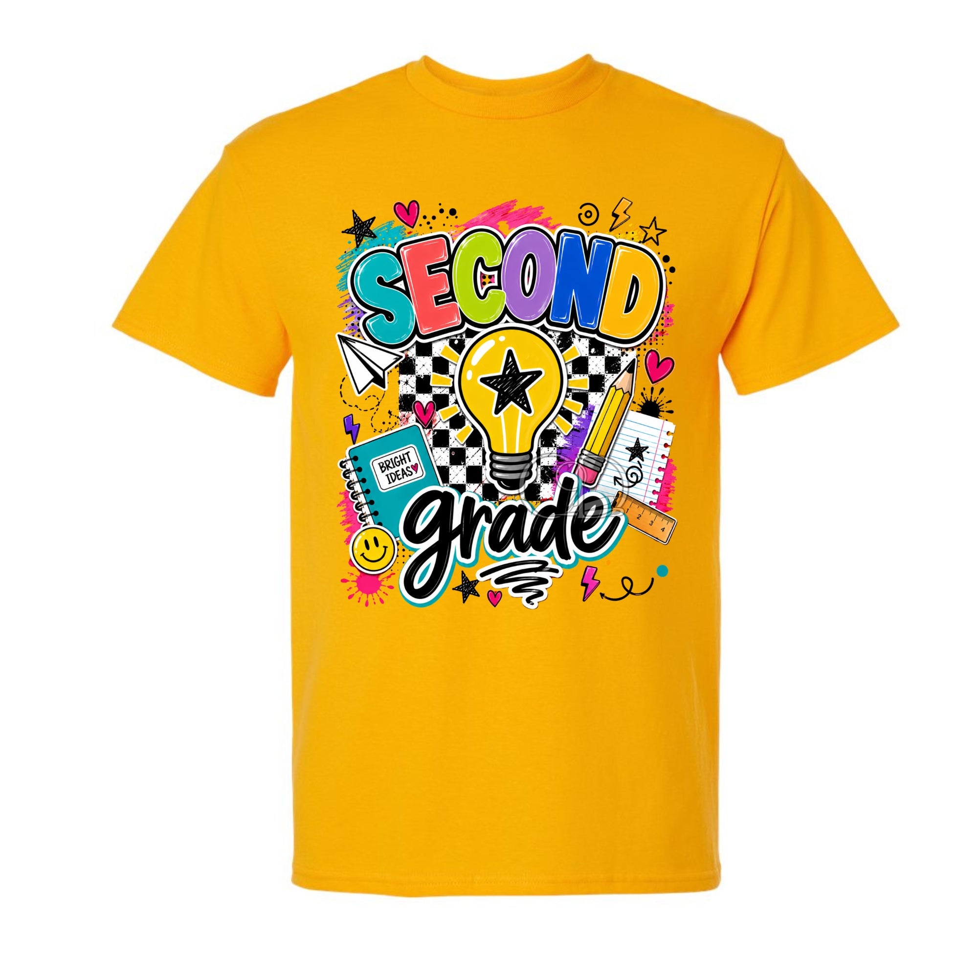 A bright yellow short-sleeve t-shirt with a colorful 'Second Grade' graphic on the front, featuring school-themed doodles like a lightbulb, notebook, and stars, shown against a plain white background.