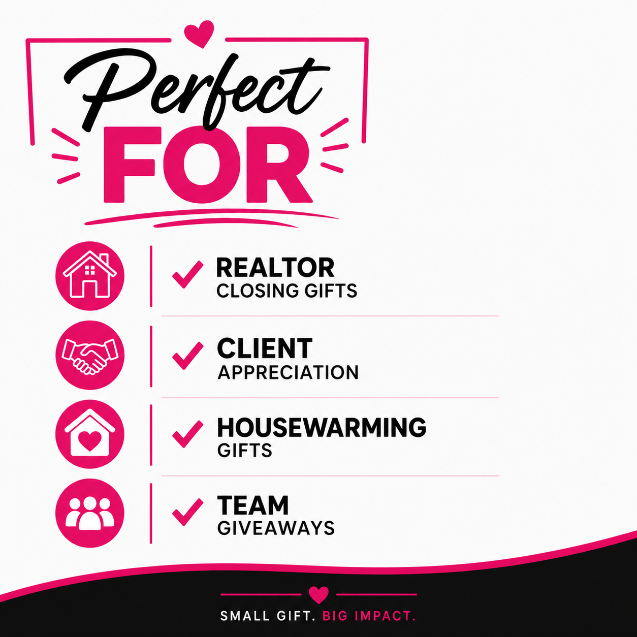 Promotional graphic with the words 'Perfect FOR' in black and pink, listing gift categories for a realtor: closing gifts, client appreciation, housewarming gifts, and team giveaways. The design uses pink icons and text on a white background with a black footer reading 'Small Gift.