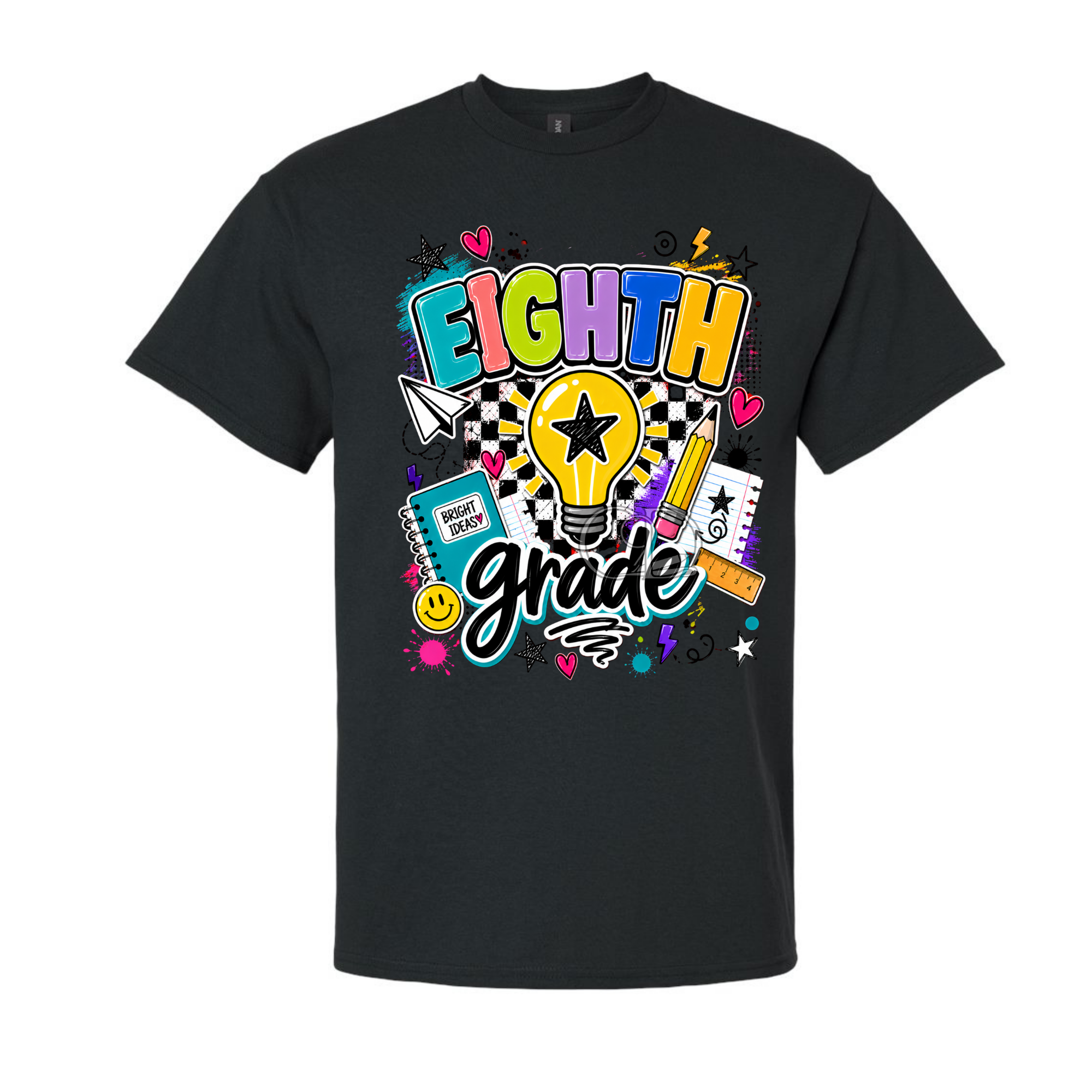 A black short-sleeve crewneck t-shirt featuring a colorful 'EIGHTH grade' graphic on the front, displayed against a solid white background.
