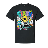 A black short-sleeve crewneck t-shirt featuring a colorful graphic print on the front that reads 'SIXTH grade' with school-themed doodles including a lightbulb, pencil, notebook, and hearts.