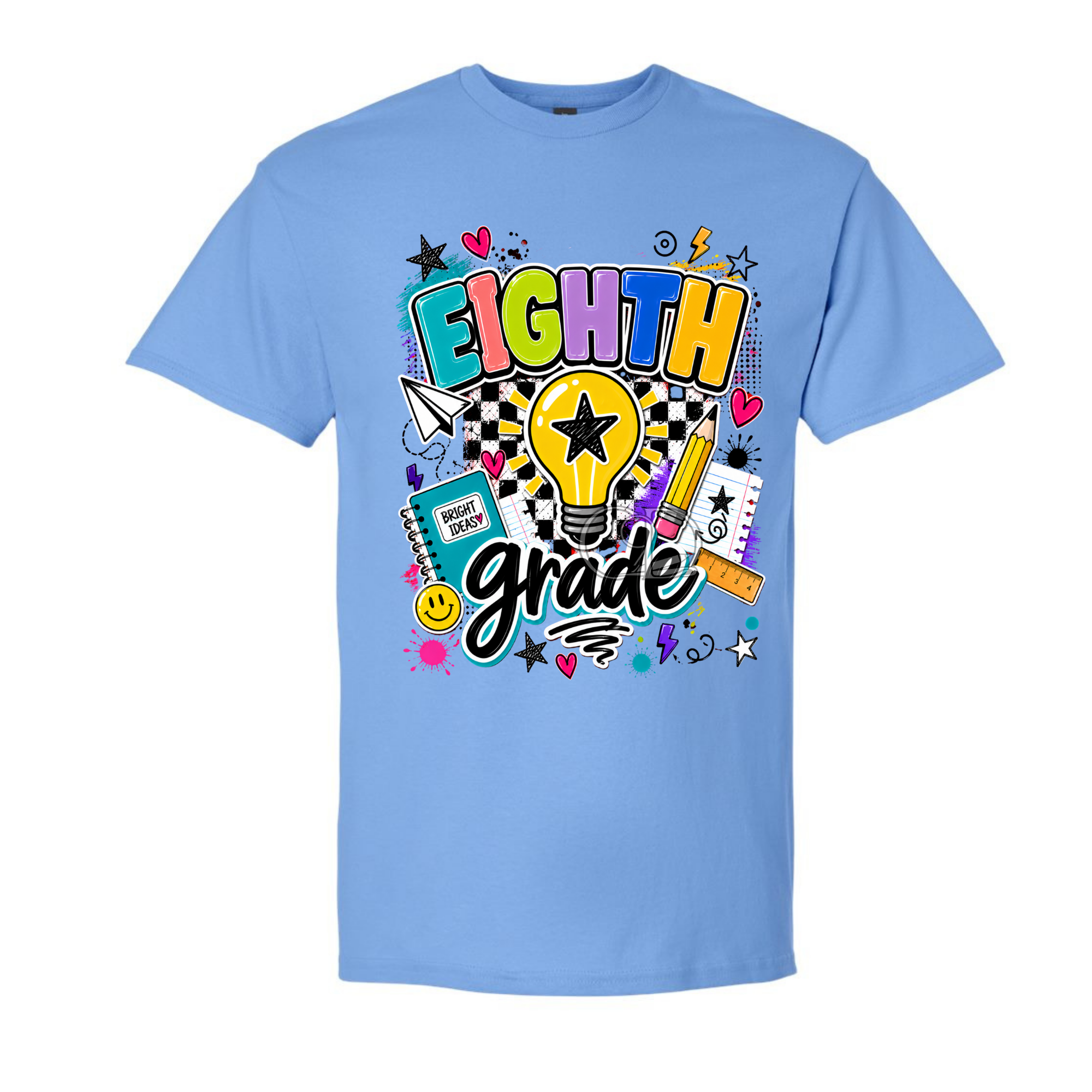 A light blue short-sleeve crewneck t-shirt featuring a colorful 'EIGHTH grade' graphic on the front, complete with a lightbulb, stars, hearts, and school-themed doodles, shown against a plain white background.