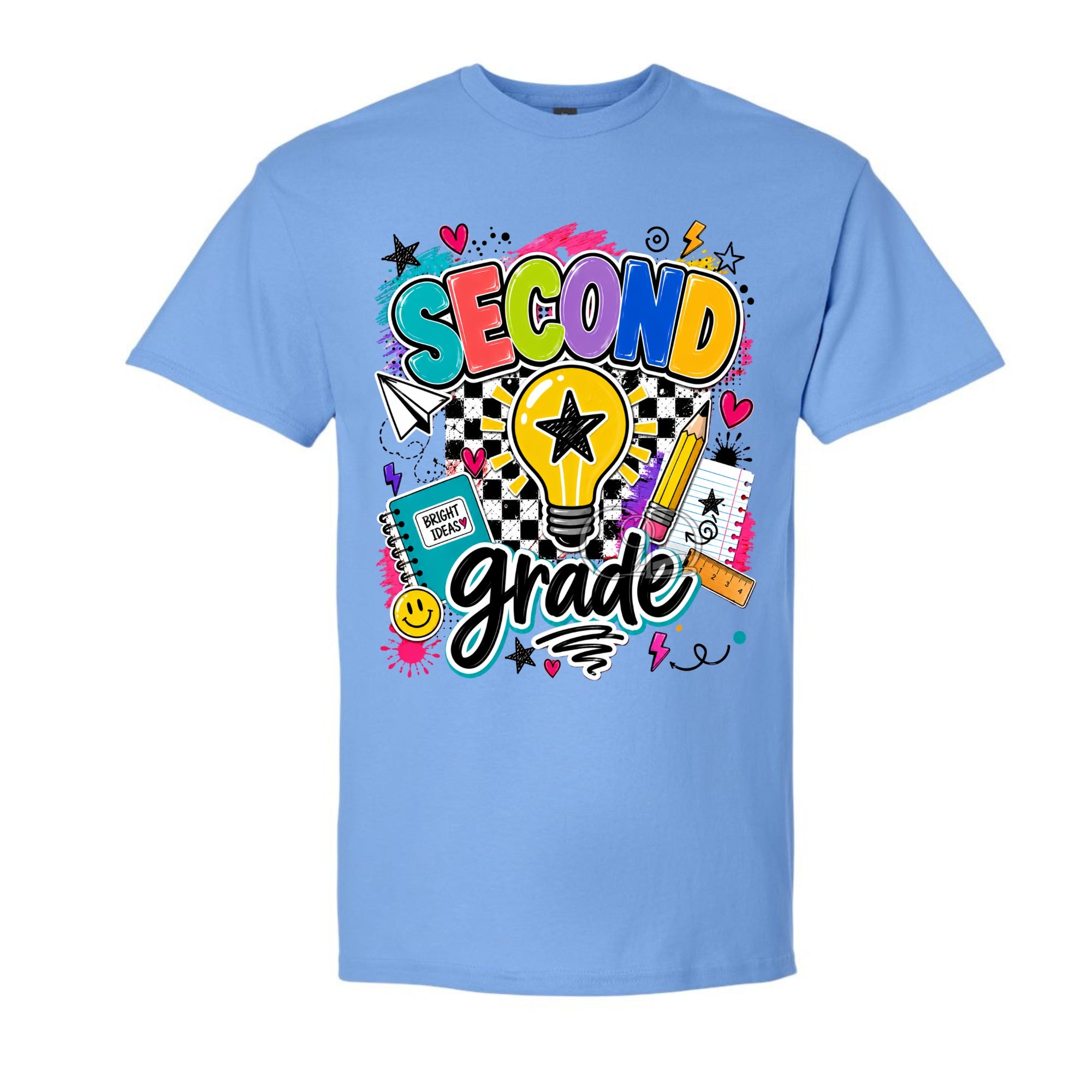 A blue short-sleeve crewneck t-shirt featuring a colorful 'Second Grade' graphic on the front, complete with a lightbulb, stars, hearts, and school supplies.