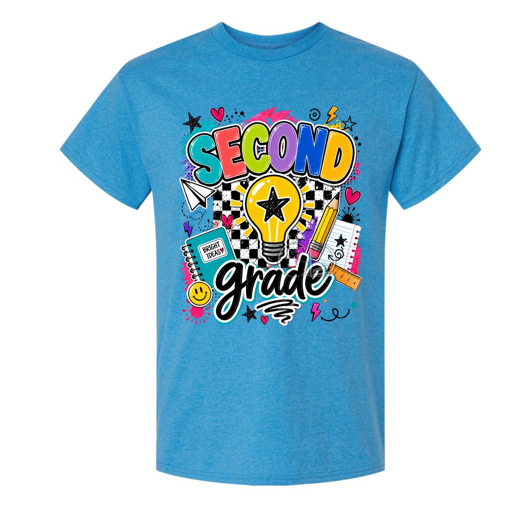 A bright blue heather short-sleeve t-shirt with a colorful 'SECOND grade' graphic on the front, featuring school-themed doodles like a lightbulb, notebook, and pencil, displayed on a solid white background.