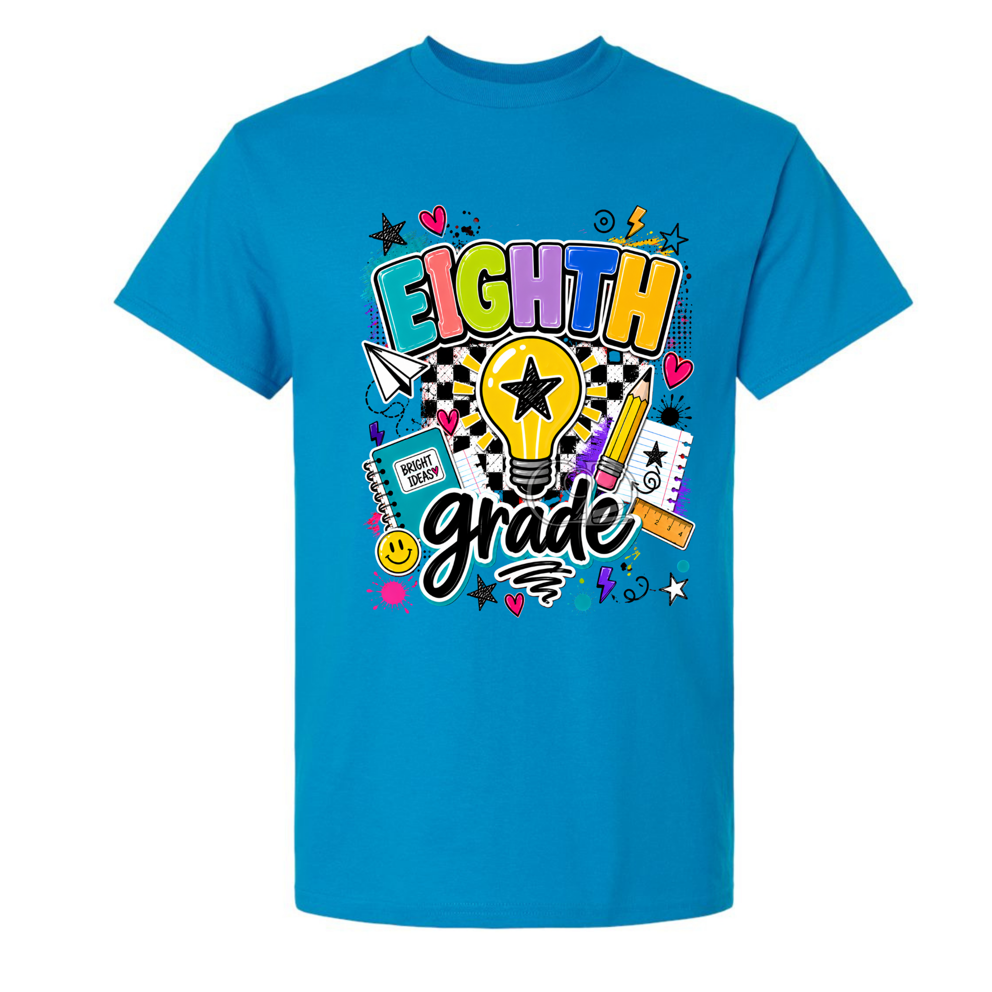 A bright blue short-sleeve crewneck t-shirt featuring a colorful 'Eighth Grade' graphic on the front, complete with a lightbulb, stars, hearts, and school supplies.
