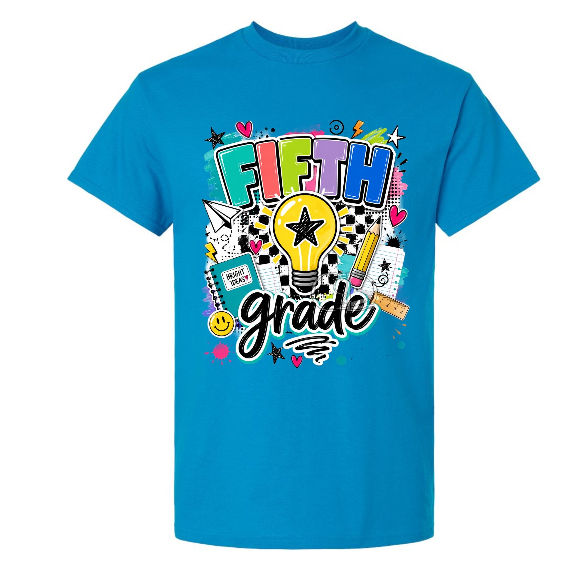 A bright blue short-sleeve crewneck t-shirt featuring a colorful 'FIFTH grade' graphic on the front, complete with a lightbulb, stars, hearts, and school-themed doodles, shown against a plain white background.