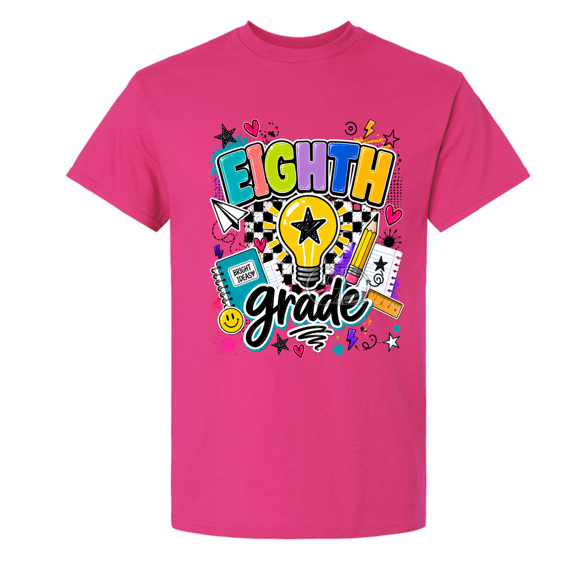 A bright pink short-sleeve t-shirt with a colorful 'Eighth Grade' graphic on the front, featuring school-themed doodles and text, shown against a plain white background.