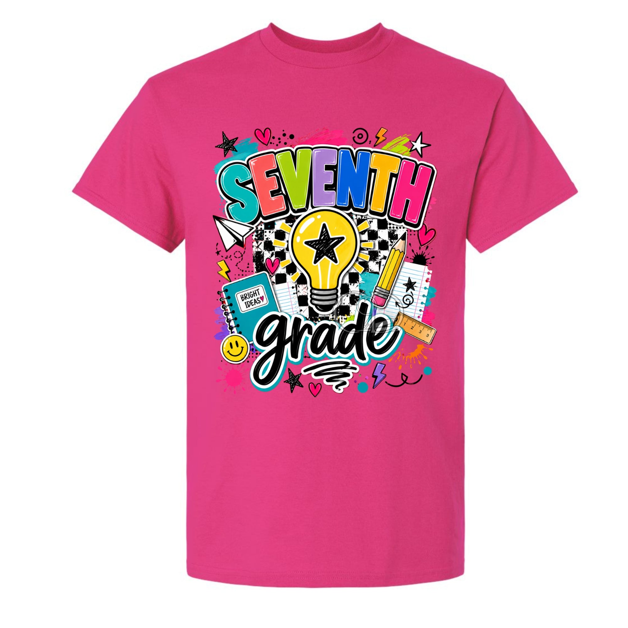 A bright pink short-sleeve t-shirt with a colorful 'SEVENTH grade' graphic on the front, featuring a lightbulb, stars, hearts, and school-themed doodles, shown against a plain white background.