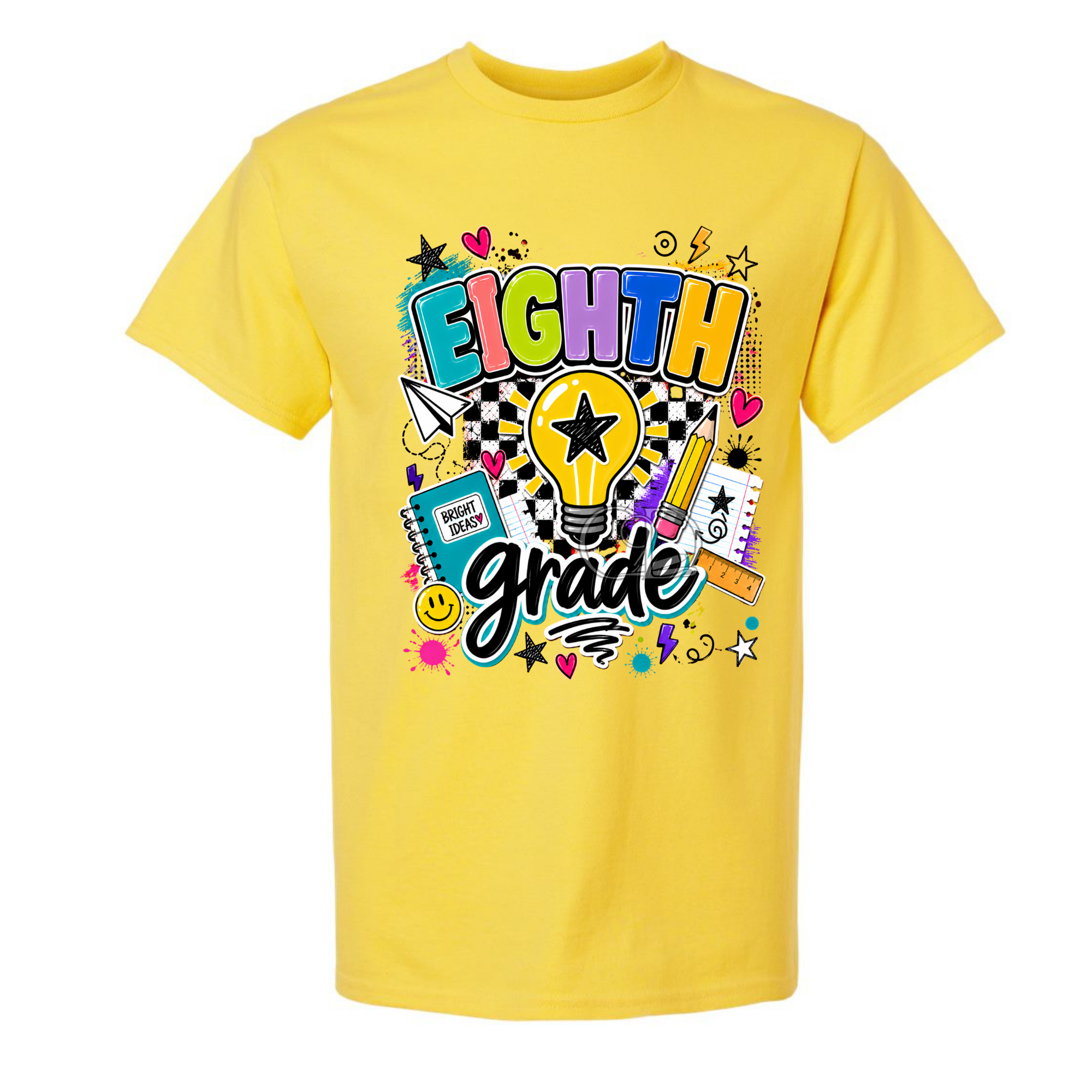 A bright yellow short-sleeve crewneck t-shirt featuring a colorful 'EIGHTH grade' graphic on the front, complete with a lightbulb, stars, hearts, and school supplies, shown against a plain white background.