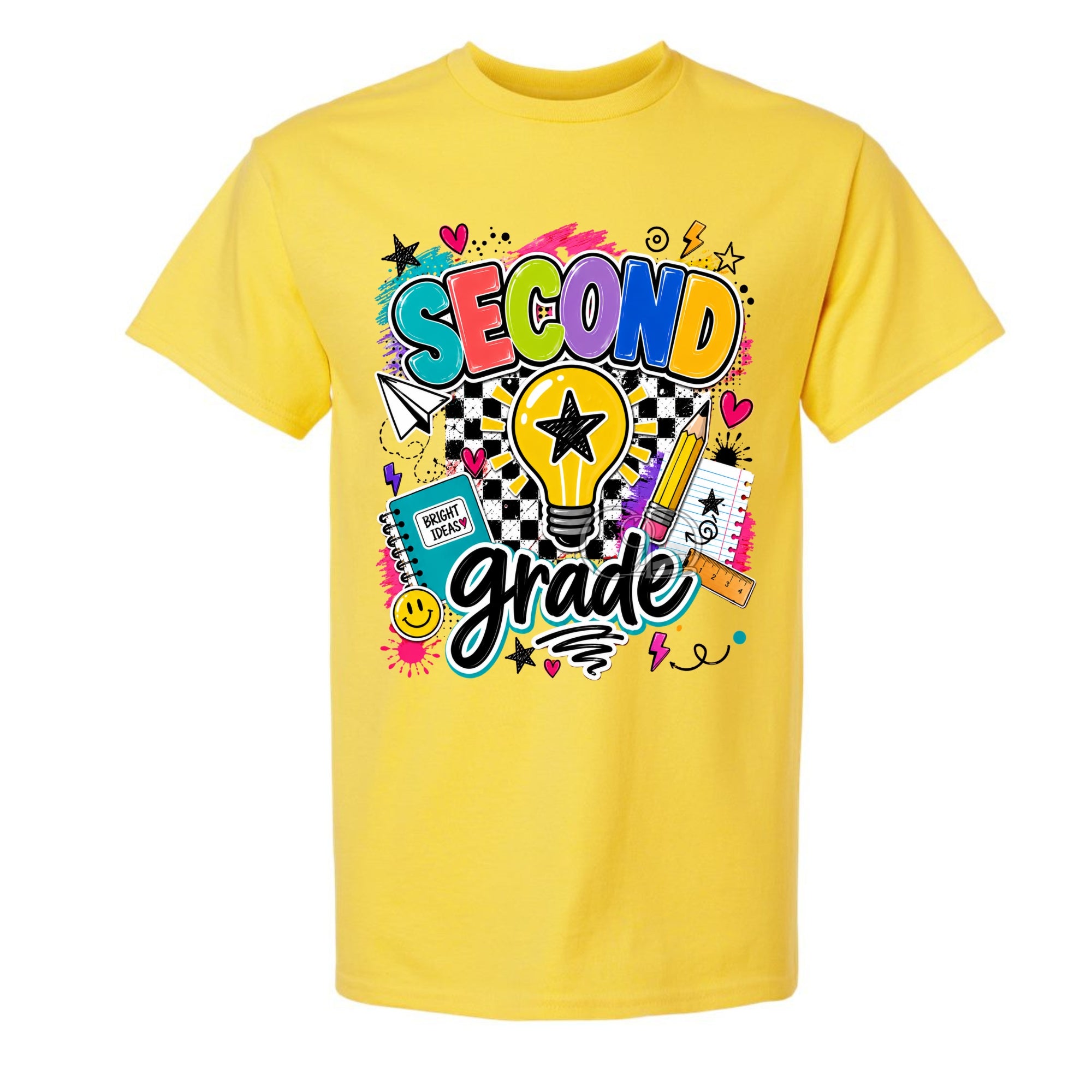 A bright yellow short-sleeve crewneck t-shirt featuring a colorful 'Second Grade' graphic on the front, complete with a lightbulb, stars, hearts, and school supplies, shown against a plain white background.