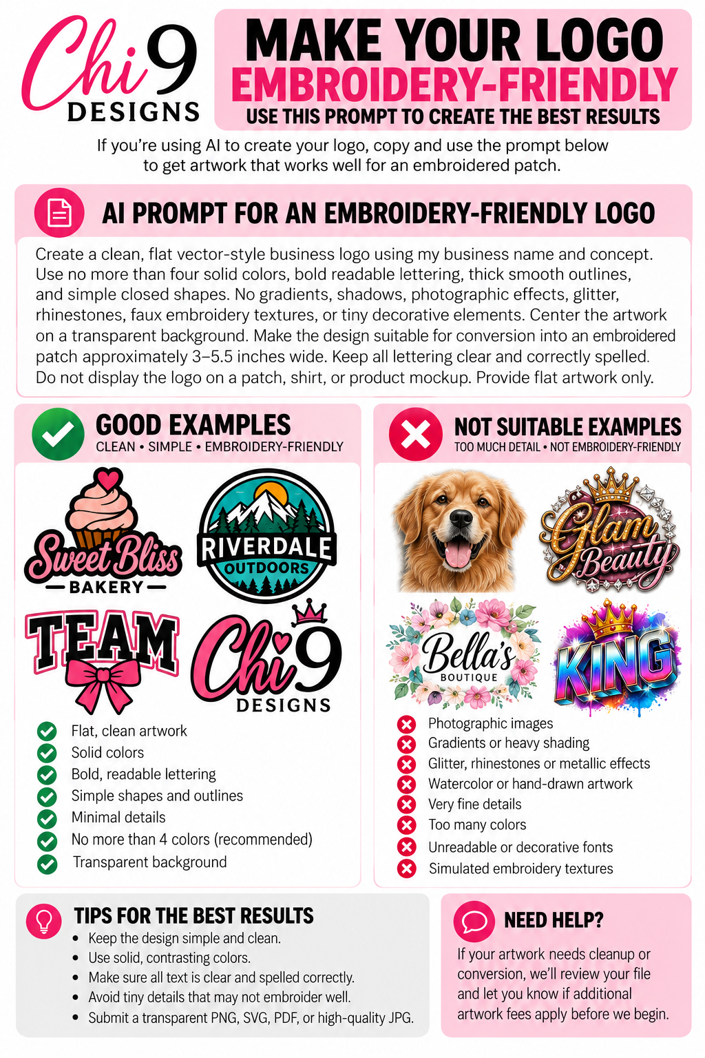Chi 9 Designs embroidery-friendly AI logo preparation guide with fictional illustrative examples