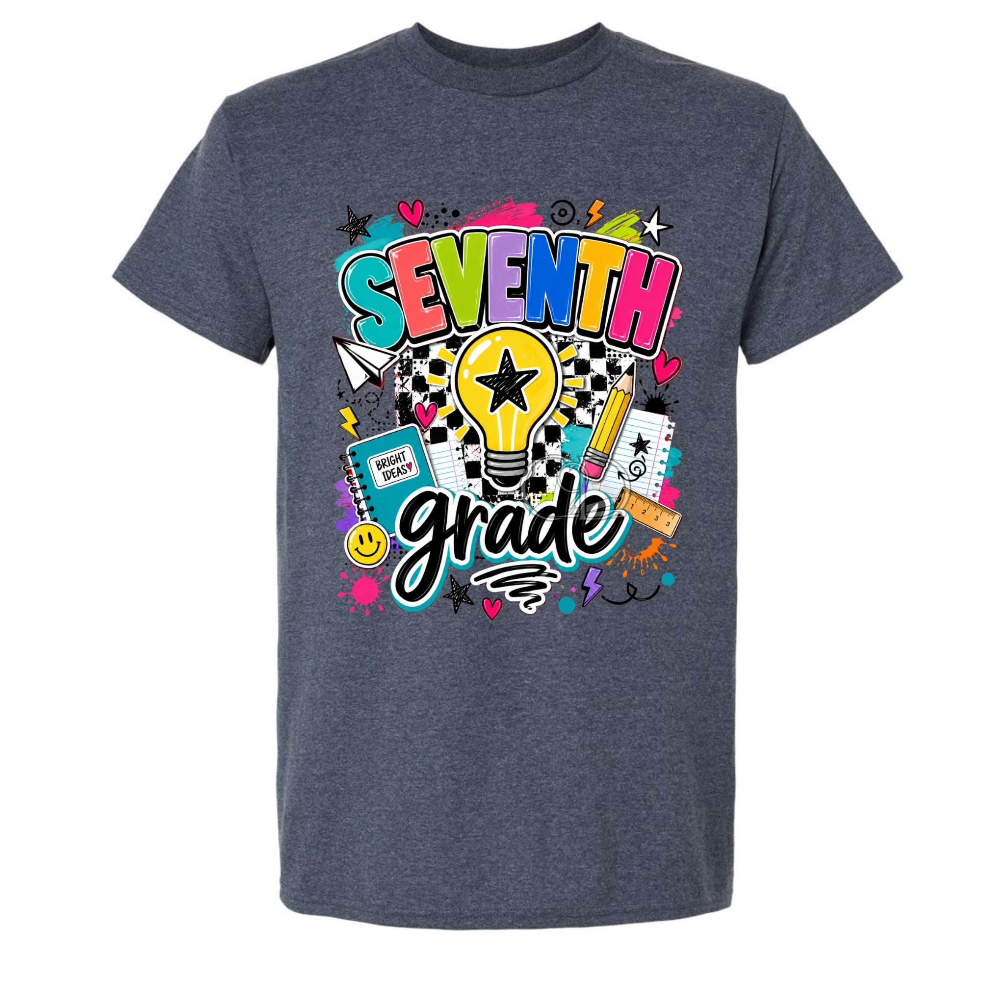 A dark heather gray t-shirt featuring a colorful 'SEVENTH grade' graphic on the front, complete with a lightbulb, stars, and school-themed doodles, shown against a plain white background.