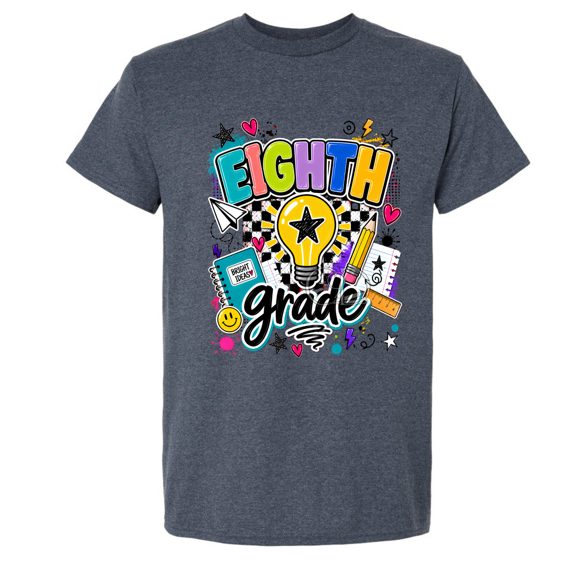 A dark heather gray t-shirt with a colorful 'Eighth Grade' graphic on the front, featuring a lightbulb, stars, hearts, and school-themed doodles, shown against a plain white background.