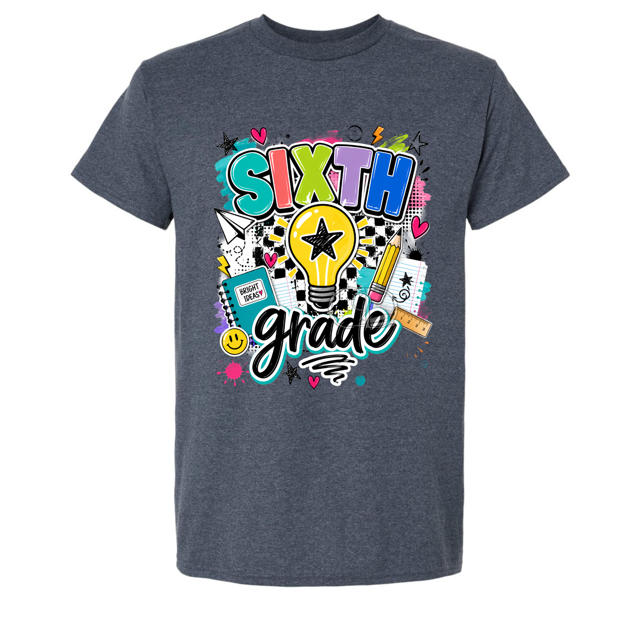 A dark heather gray t-shirt with a colorful 'SIXTH grade' graphic on the front, featuring a lightbulb, pencil, notebook, and checkered pattern details, shown against a plain white background.