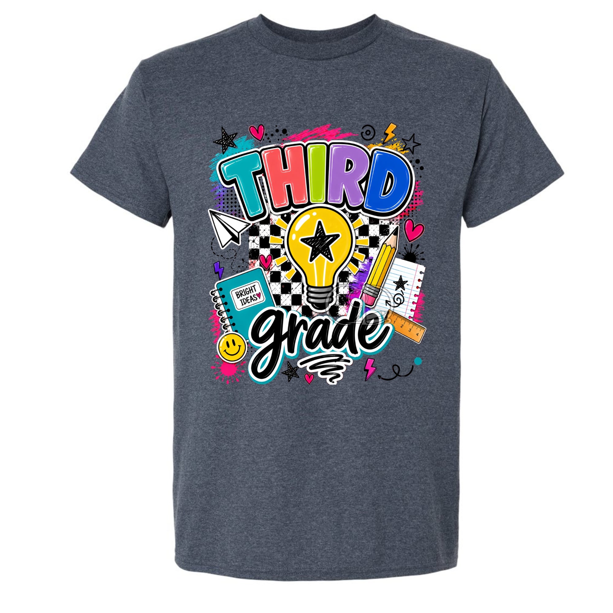 A dark heather gray t-shirt with a colorful 'Third Grade' graphic on the front, featuring a lightbulb, stars, hearts, and school-themed doodles, shown against a plain white background.