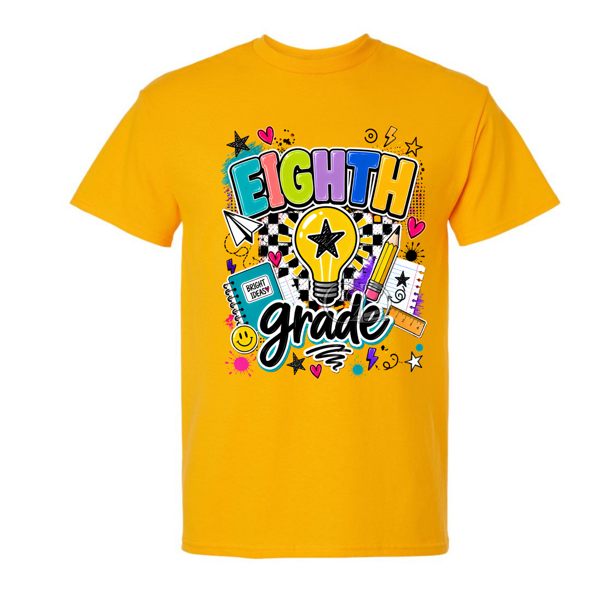 A gold short-sleeve t-shirt with a colorful 'EIGHTH grade' graphic on the chest, featuring a lightbulb, stars, and school-themed doodles, shown against a plain white background.