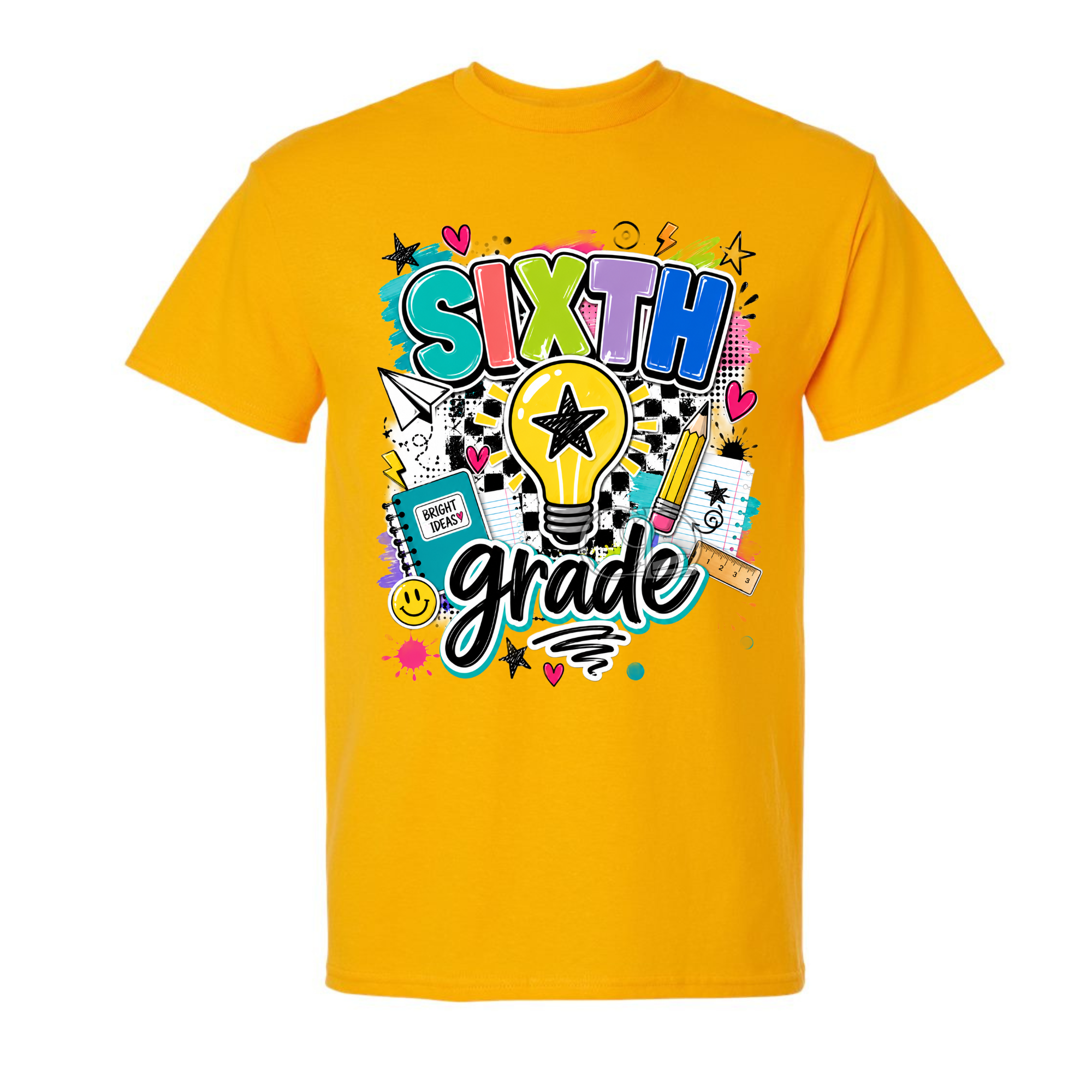 A bright yellow short-sleeve t-shirt with a colorful 'SIXTH grade' graphic on the chest, featuring a lightbulb, notebook, pencil, and stars, shown against a plain white background.