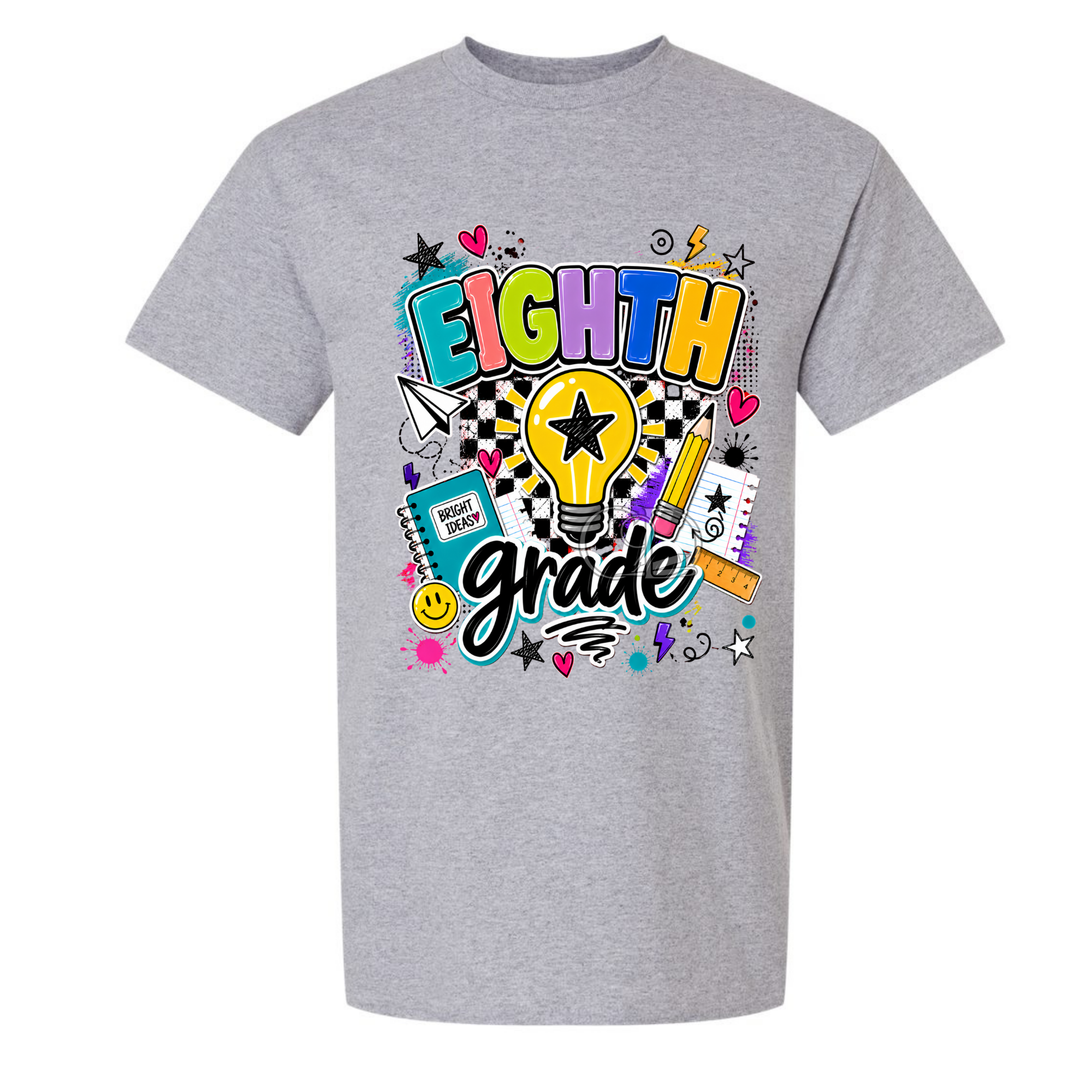 A heather gray short-sleeve crewneck t-shirt featuring a colorful 'Eighth Grade' graphic on the front, complete with a lightbulb, stars, hearts, and school-themed doodles.