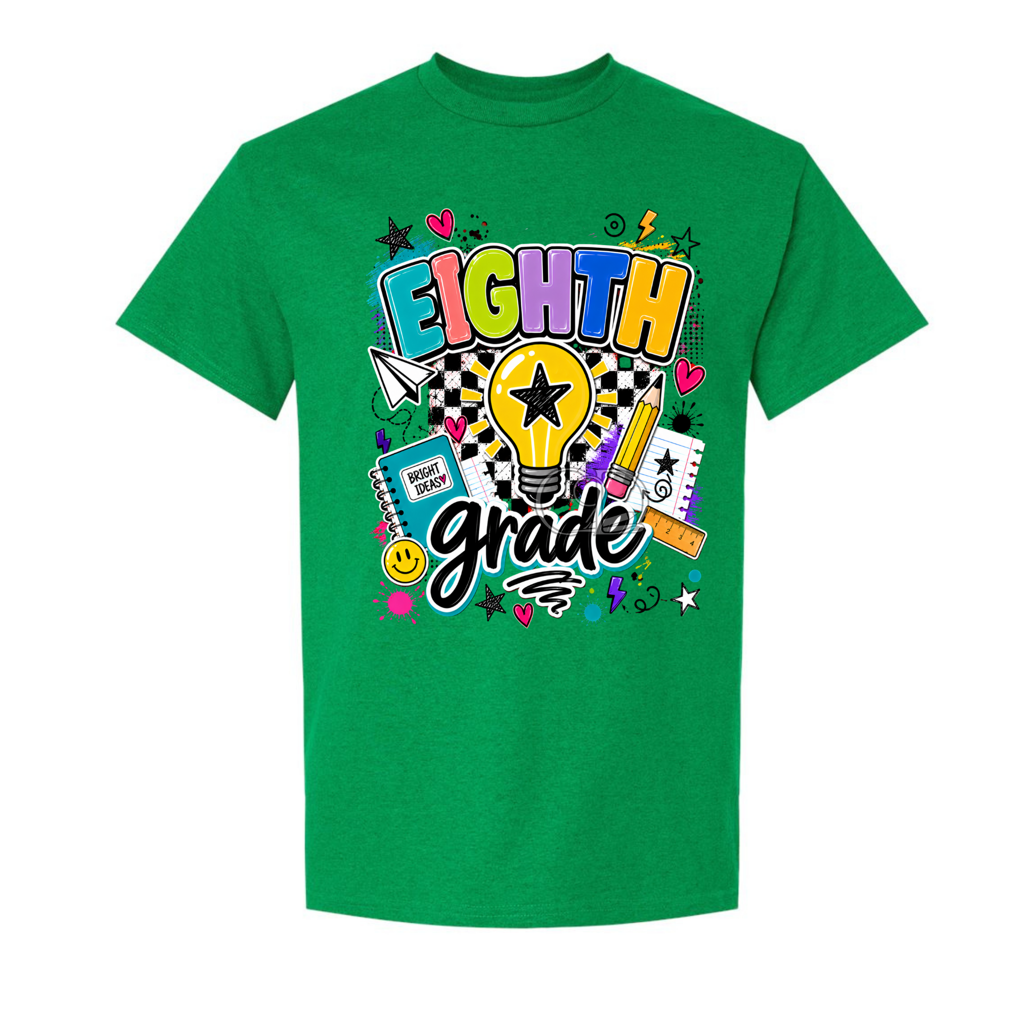 A green short-sleeve crewneck t-shirt featuring a colorful 'EIGHTH grade' graphic on the front, complete with a lightbulb, stars, hearts, and school-themed doodles, shown against a plain white background.