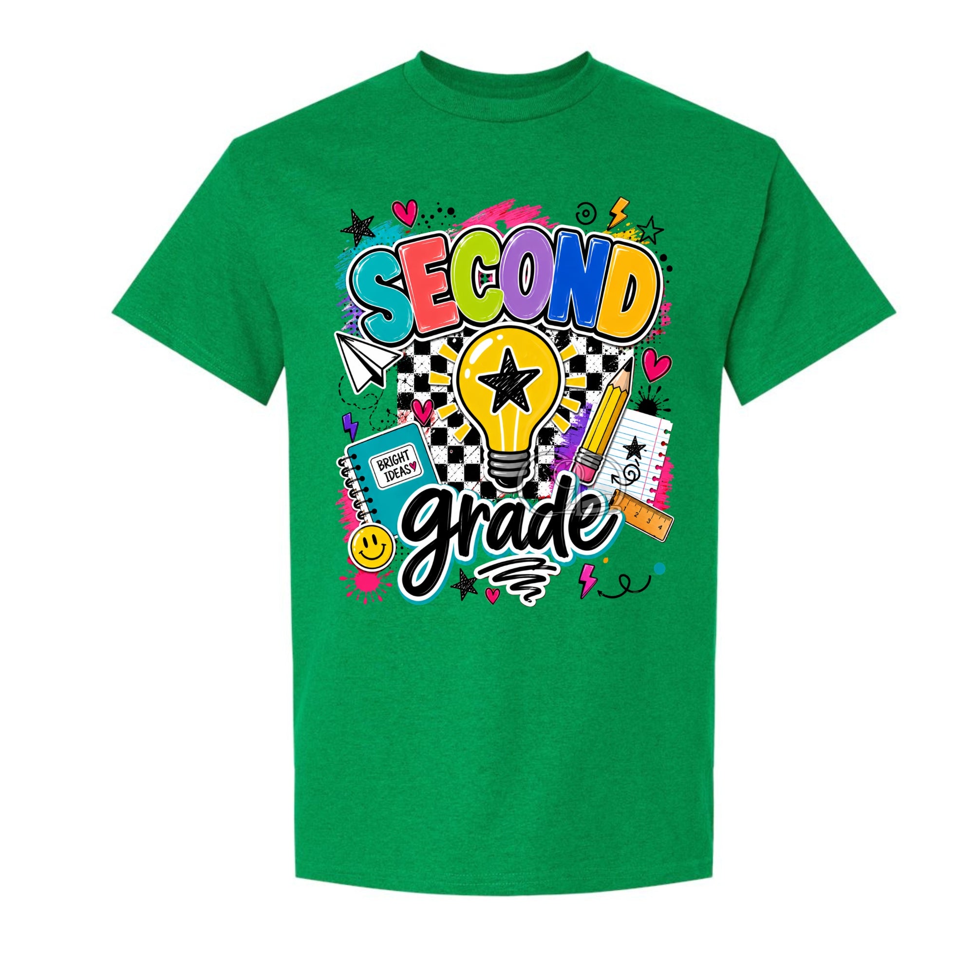 A green short-sleeve crewneck t-shirt featuring a colorful 'SECOND grade' graphic on the front, complete with a lightbulb, checkered pattern, and school-themed doodles, shown against a plain white background.