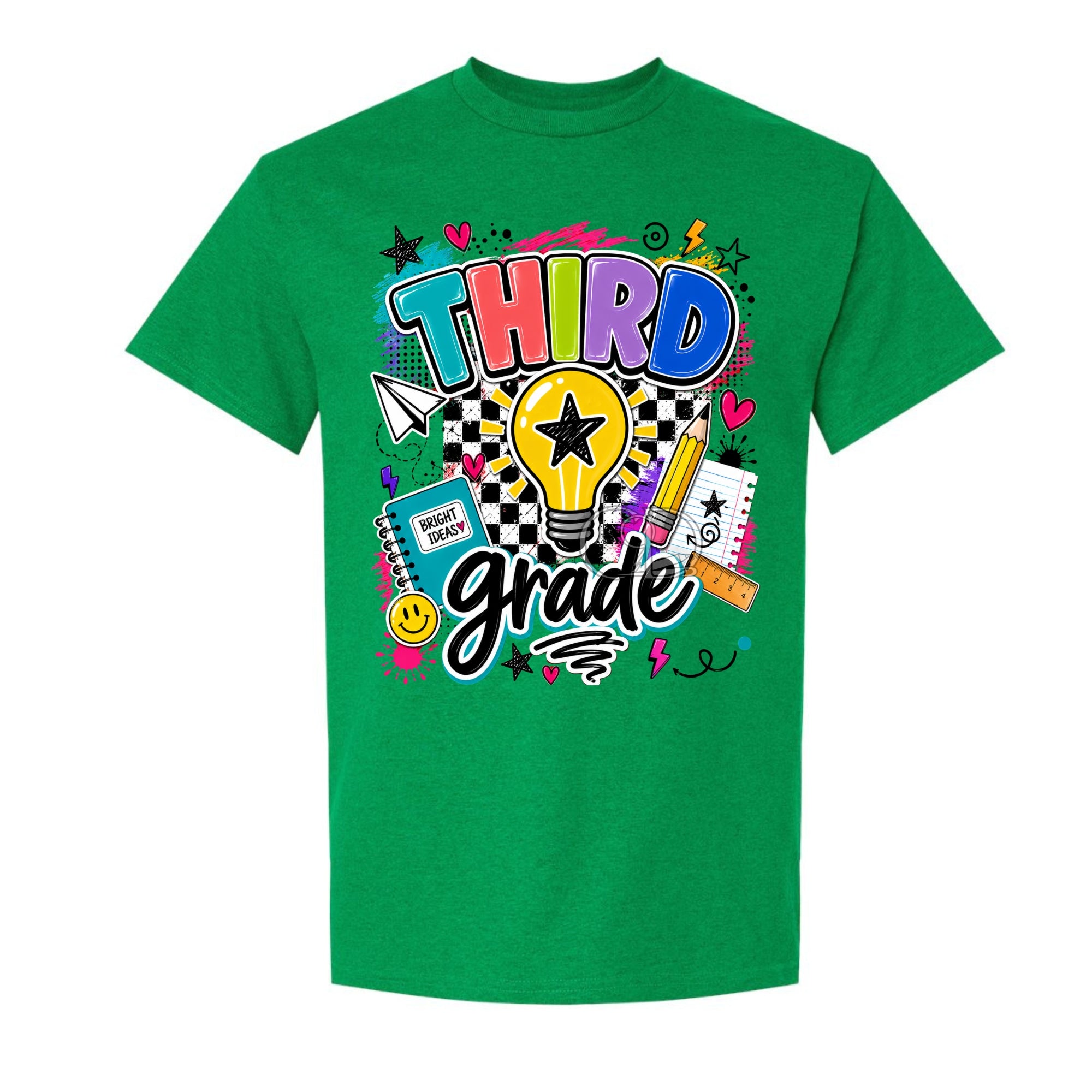 A green short-sleeve crewneck t-shirt featuring a colorful graphic design on the front with the words 'THIRD grade' in stylized lettering, surrounded by school-themed doodles like a lightbulb, notebook, pencil, and stars.