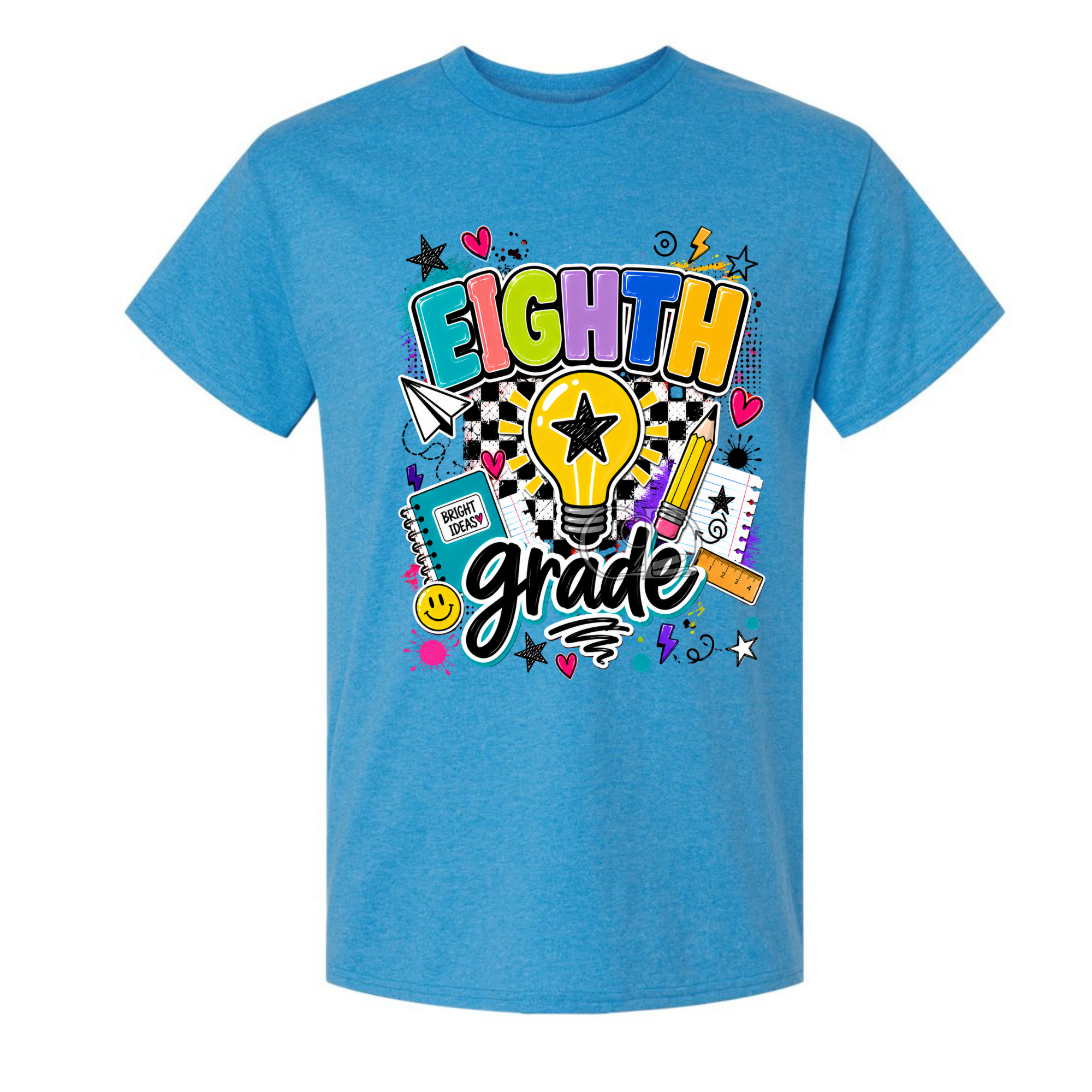 A heather blue short-sleeve t-shirt with a colorful 'Eighth Grade' graphic on the front, featuring a lightbulb, stars, hearts, and school-themed doodles, shown against a plain white background.