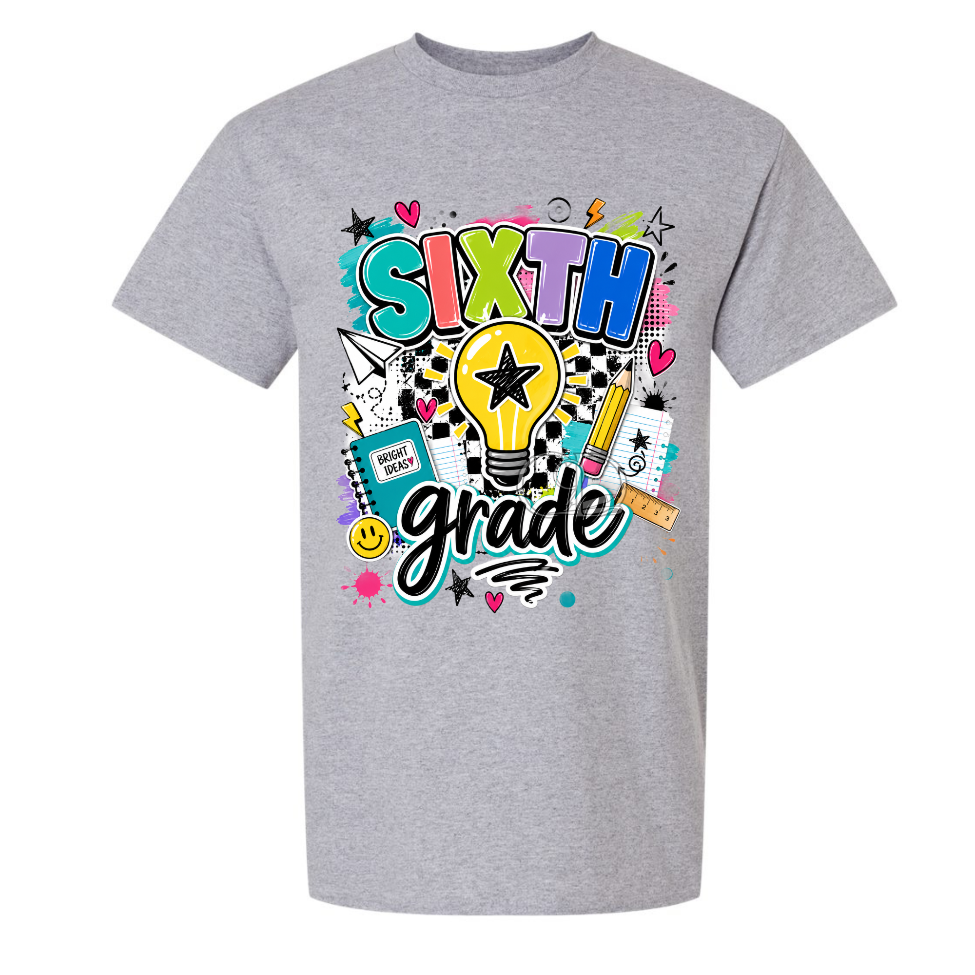 A heather gray short-sleeve crewneck t-shirt featuring a colorful graphic on the front that reads 'SIXTH grade' with school-themed doodles including a lightbulb, pencil, notebook, and stars.