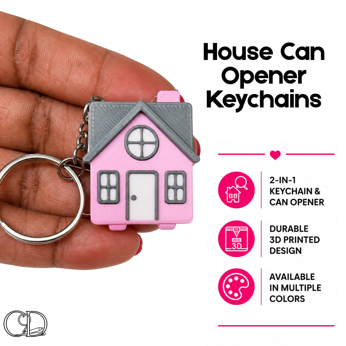 A pink house-shaped keychain can opener held in a hand, shown with product text and feature icons on a white background. The keychain has a silver metal key ring and chain.