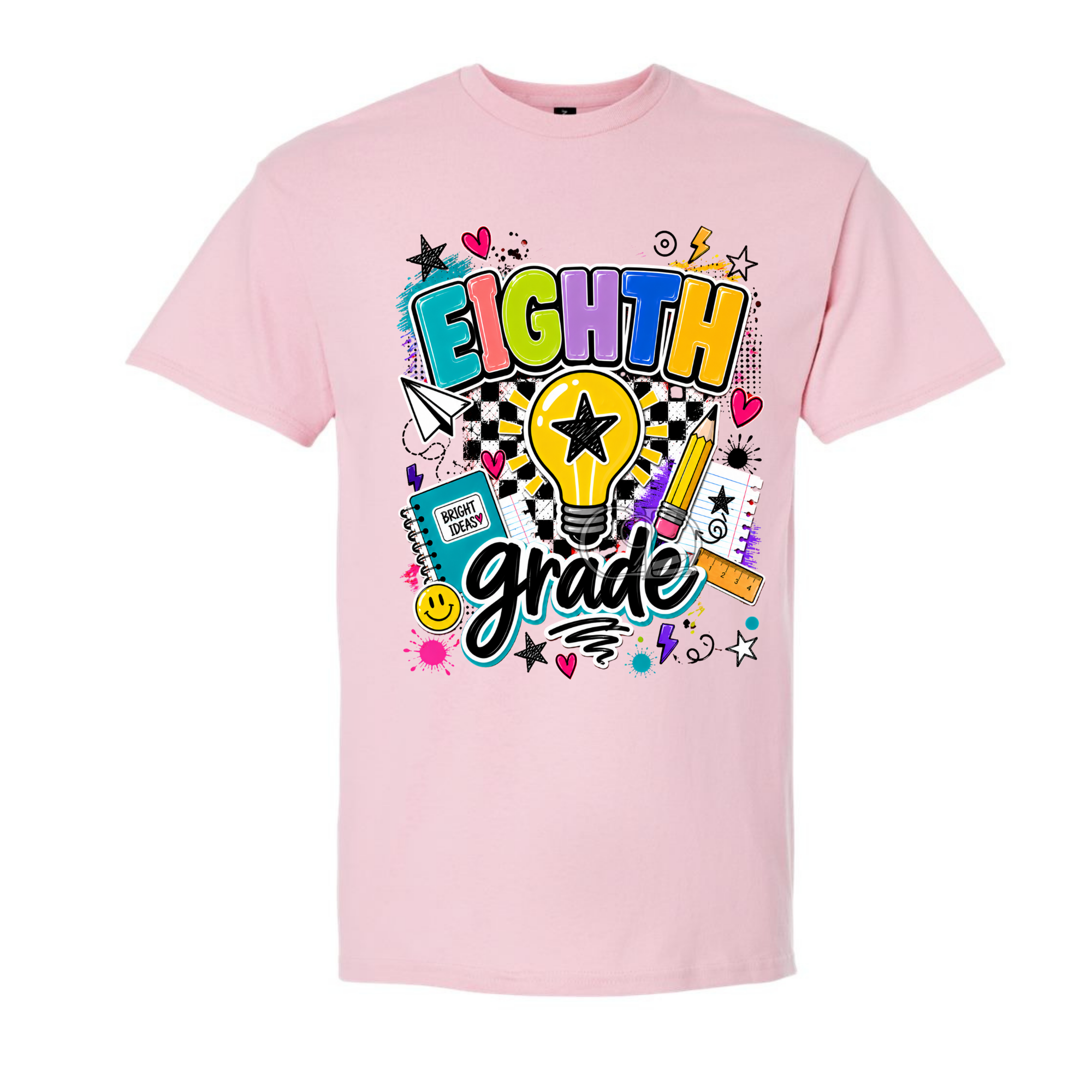 A light pink short-sleeve crewneck t-shirt featuring a colorful 'Eighth Grade' graphic on the front, complete with a lightbulb, stars, hearts, and school supplies.