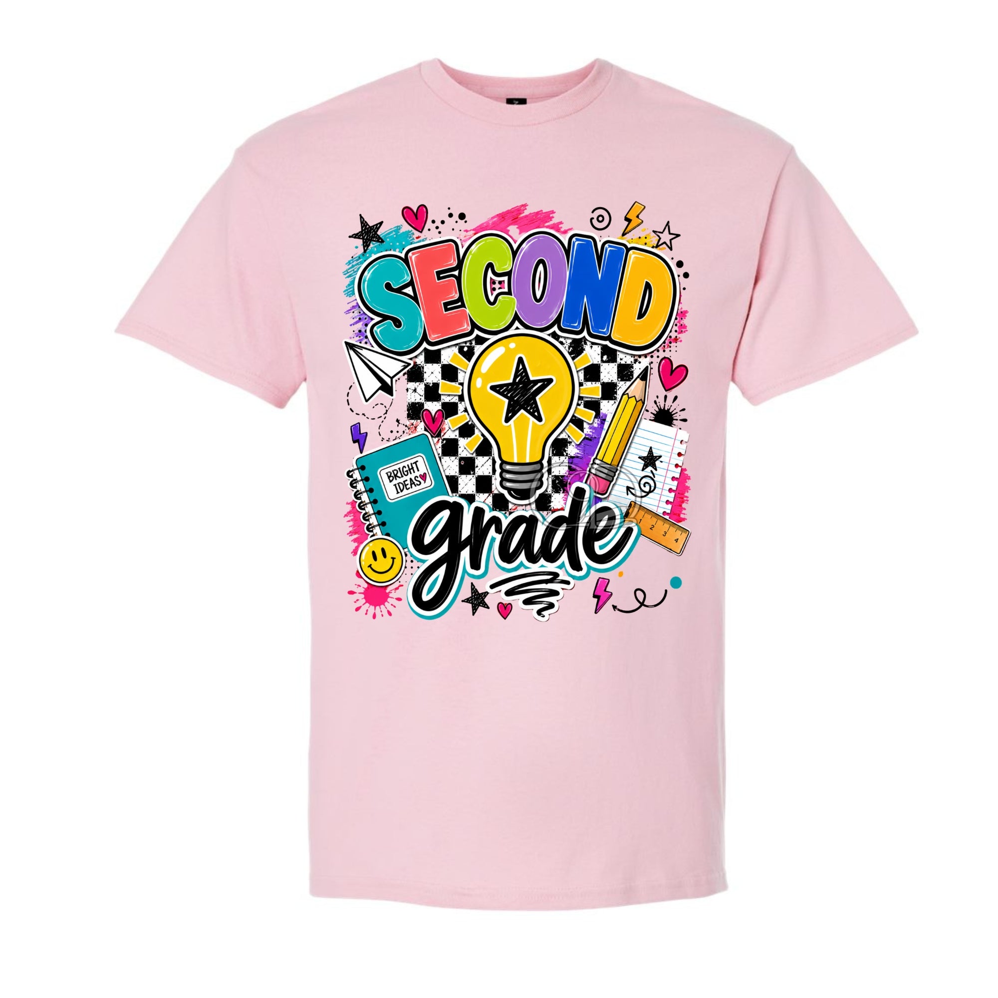 A light pink short-sleeve crewneck t-shirt featuring a colorful 'Second Grade' graphic on the front, complete with a lightbulb, stars, hearts, and school supplies.
