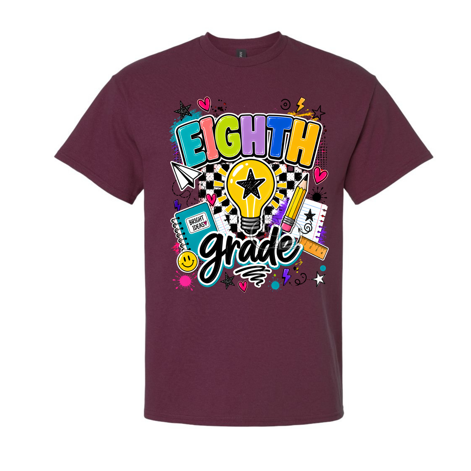 A maroon short-sleeve crewneck t-shirt featuring a colorful 'EIGHTH Grade' graphic on the front, complete with a lightbulb, pencil, notebook, and stars, shown against a plain white background.