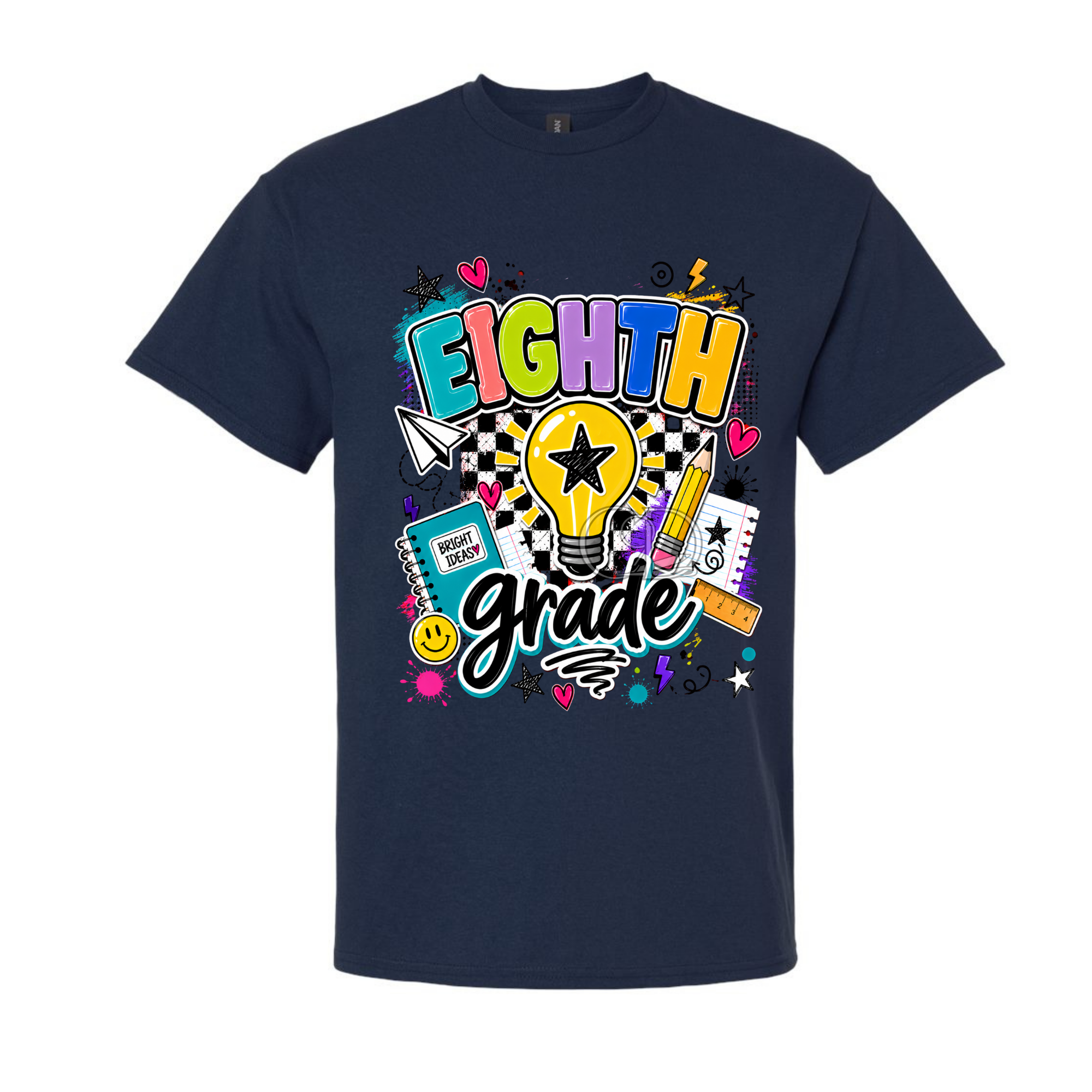 A navy blue short-sleeve crewneck t-shirt featuring a colorful 'EIGHTH grade' graphic on the chest with a lightbulb, pencil, notebook, and stars.