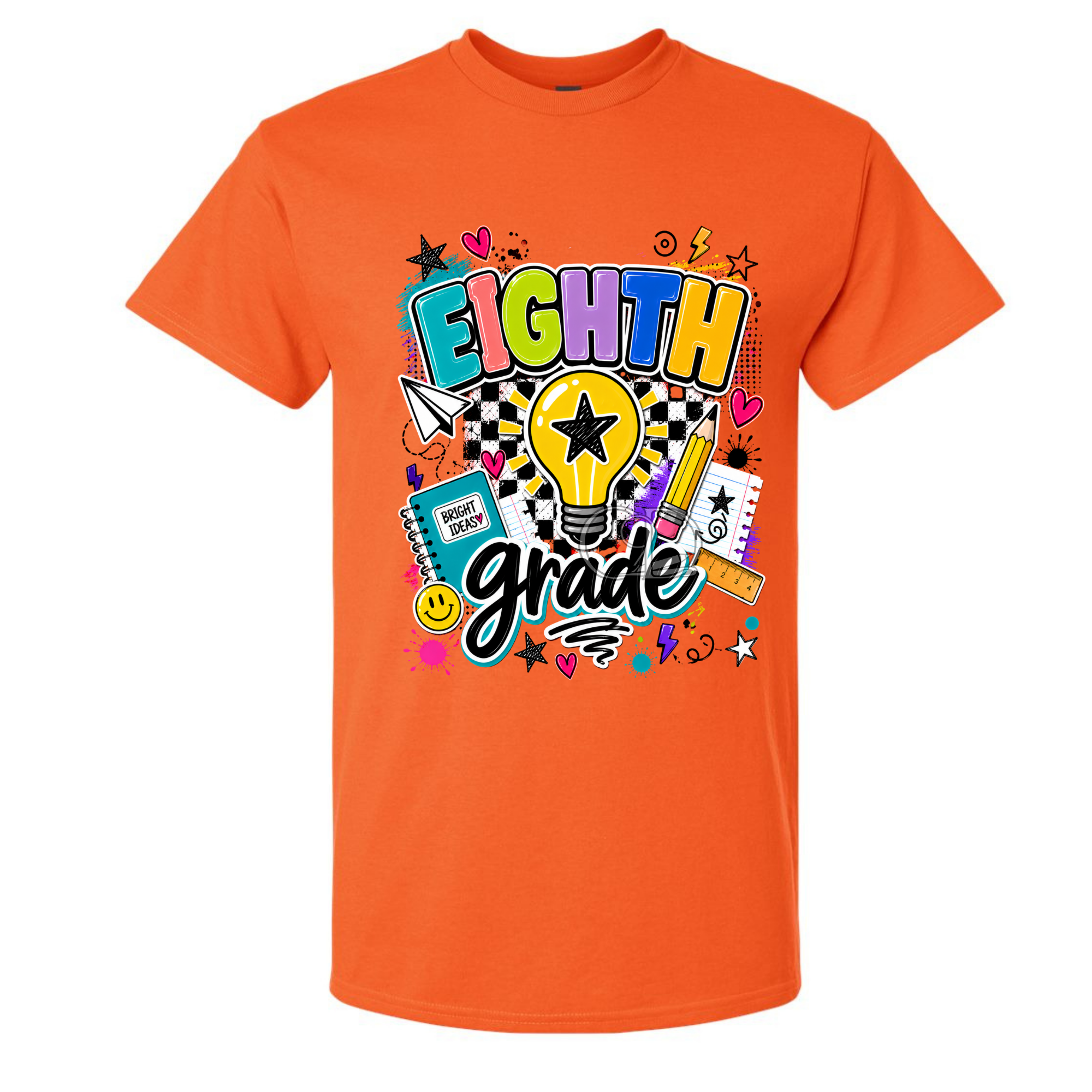 An orange short-sleeve crewneck t-shirt featuring a colorful 'EIGHTH grade' graphic on the front, complete with a lightbulb, stars, hearts, and school supplies, shown against a plain white background.